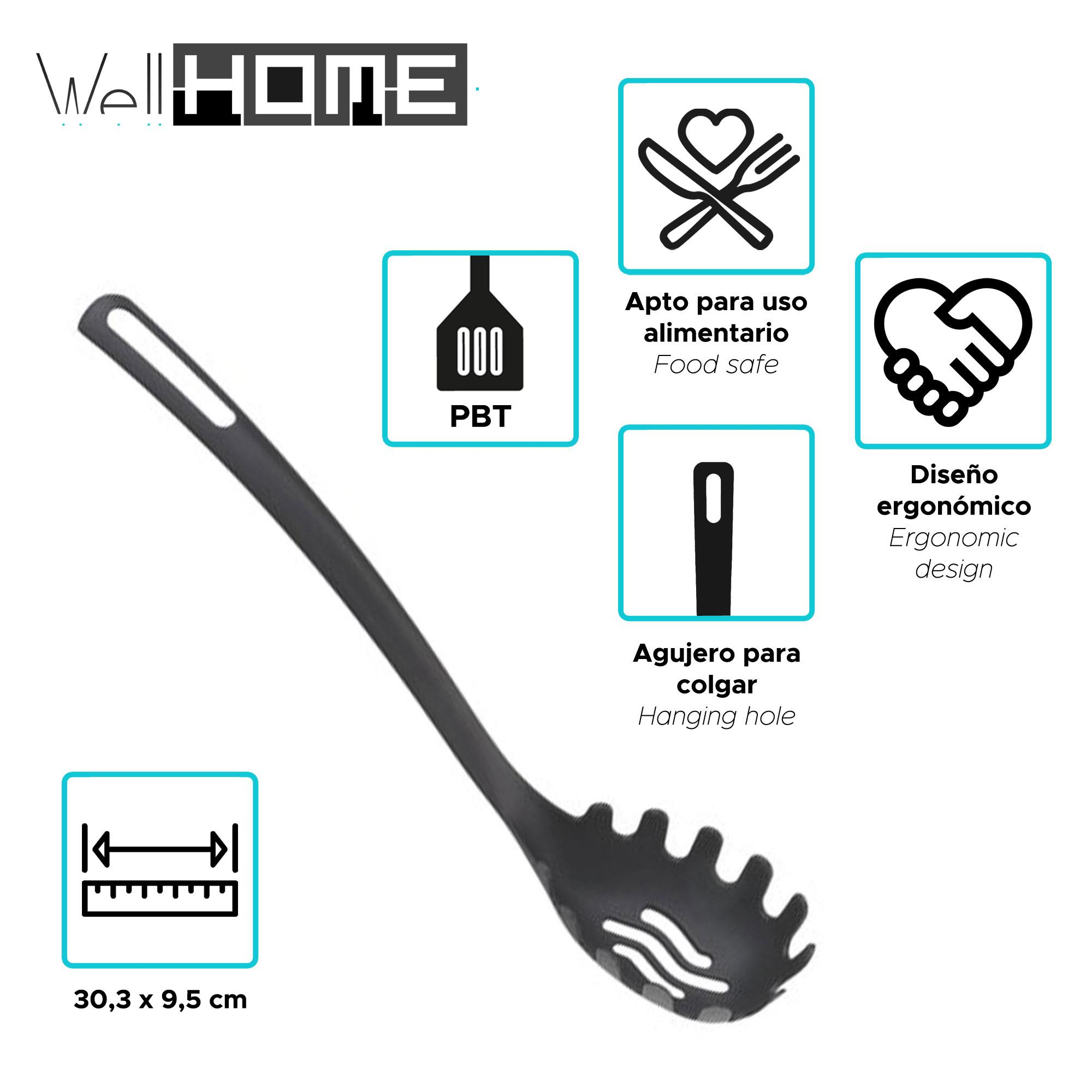 Una cuchara para espaguetis negra con orificio para colgar y diseño ergonómico, junto con iconos de seguridad alimentaria y dimensiones.