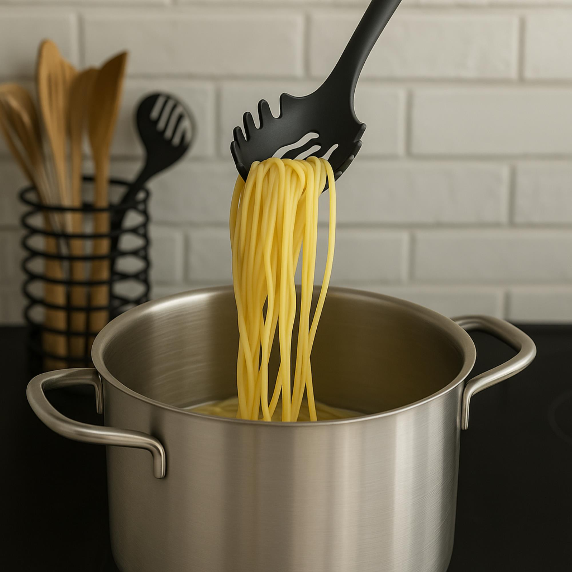 Espaguetis sacados de una olla con una cuchara ranurada negra. Cucharas de madera y un utensilio negro en el fondo.