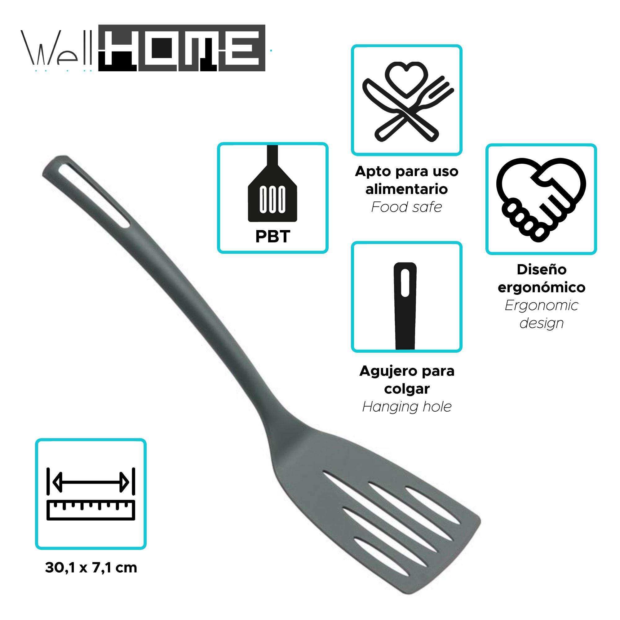 Una espátula gris con un agujero para colgar. Es ergonómica, apta para alimentos y mide 30,1 x 7,1 cm. Hay iconos alrededor.