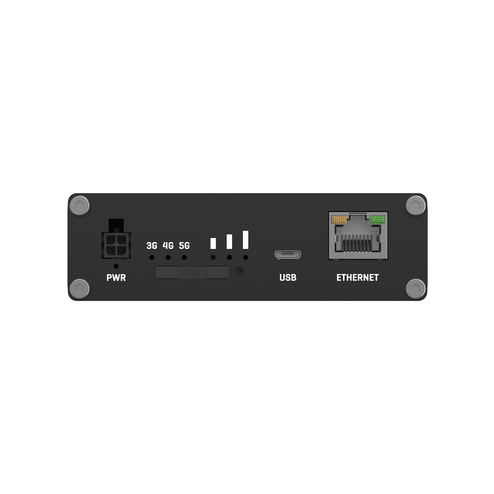 Un appareil noir avec des ports PWR, USB, Ethernet et des indicateurs 3G, 4G, 5G. Il possède un emplacement SIM et quatre vis de montage.