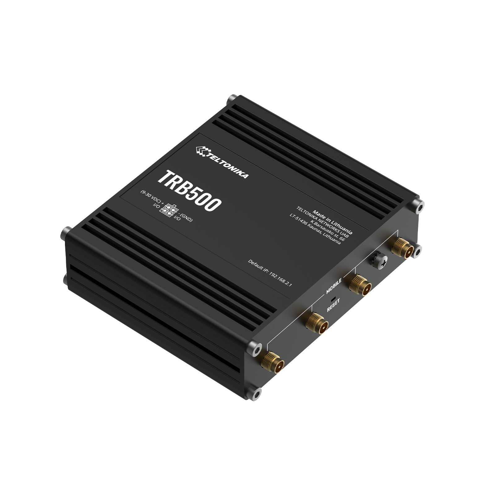 Routeur TRB500 noir avec étiquettes. Possède des ports étiquetés MOBILE et RESET. Fabriqué par Teltonika Networks, Lituanie.