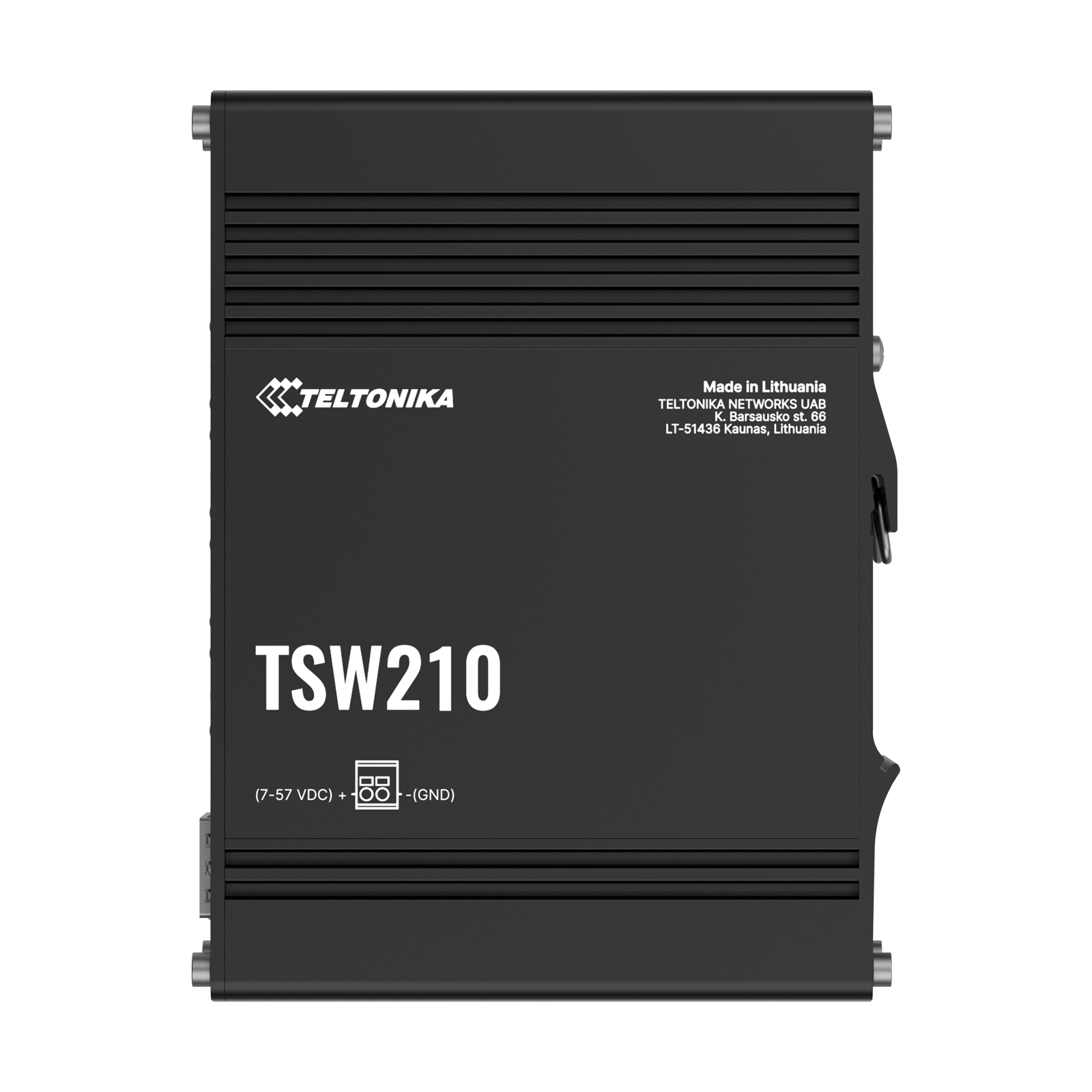 Un dispositivo TSW210 nero con il logo Teltonika. Il testo include 'Made in Lithuania' e specifiche.