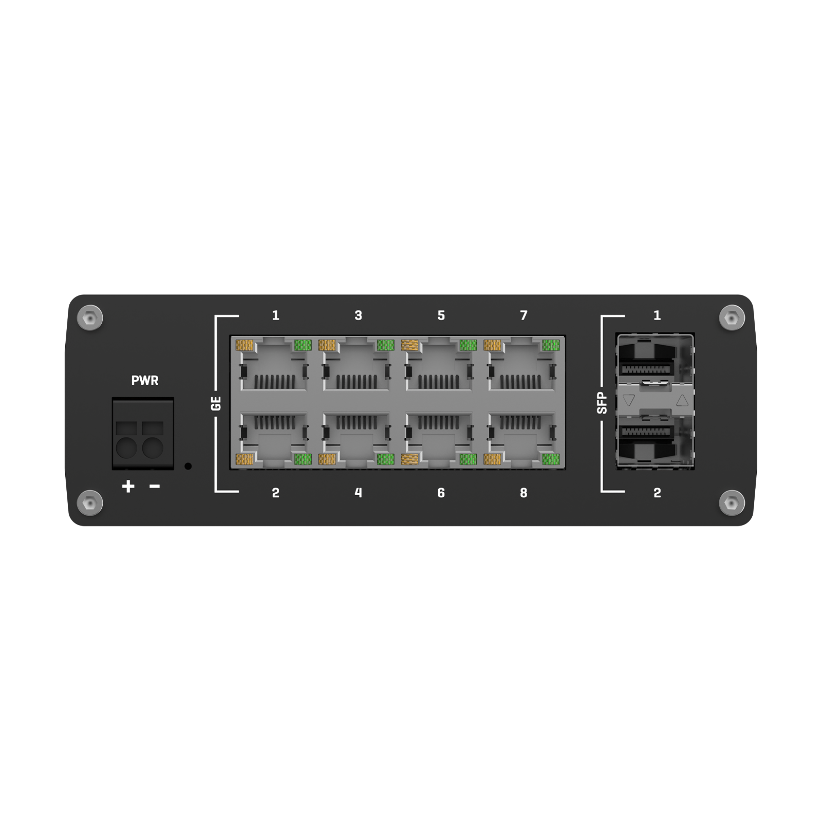 Switch di rete nero con porte, etichette e ingresso alimentazione. Porte numerate e slot SFP visibili. Viti fissano il dispositivo.
