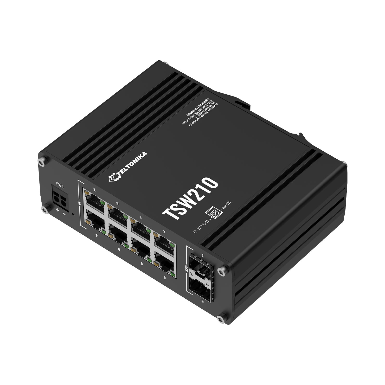 Switch di rete TSW210 nero. Ha più porte e il logo TELTONIKA. Prodotto in Lituania.