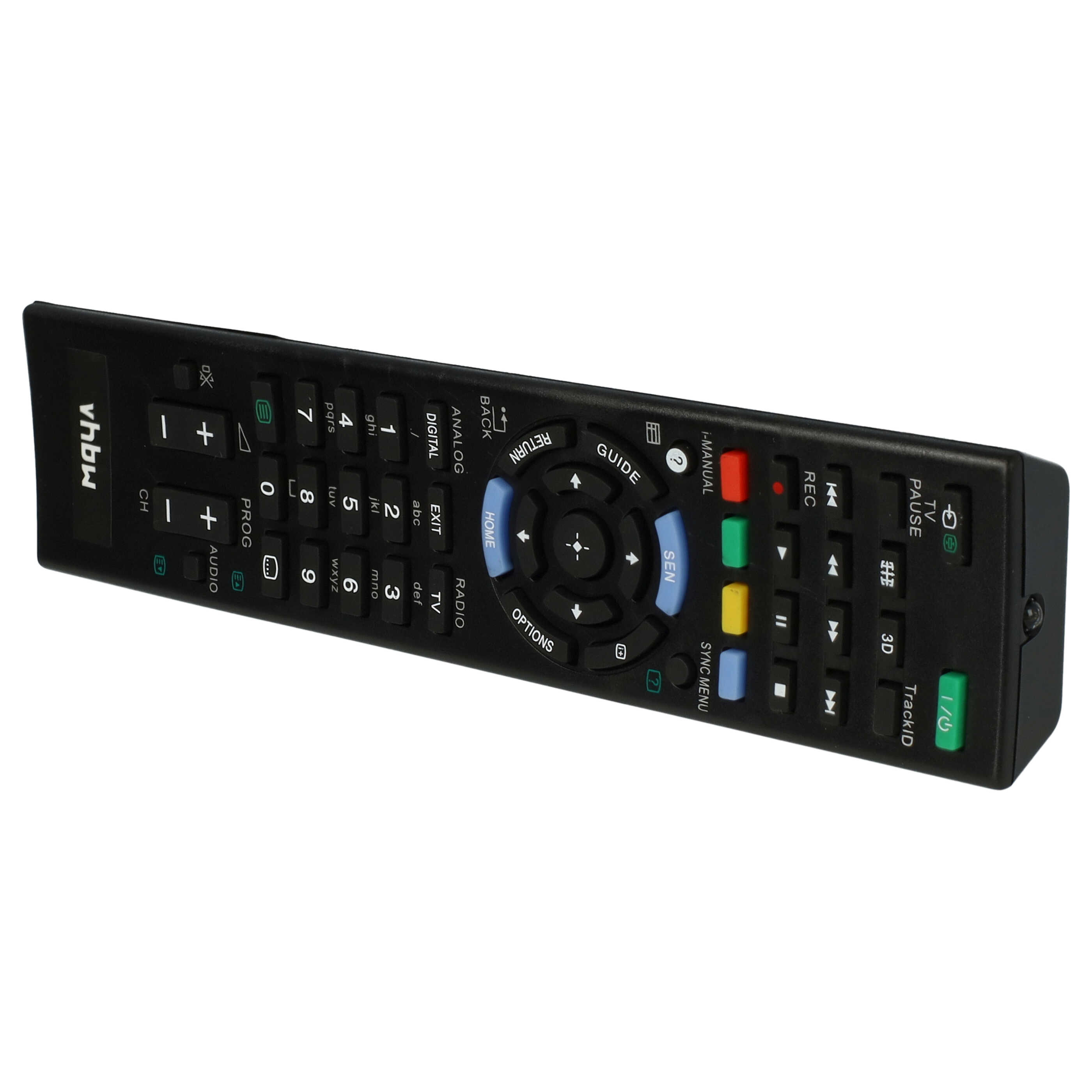 Schwarze TV-Fernbedienung mit vielen Tasten, einschließlich Strom, Kanal, Lautstärke und Navigation. Marke: vhbw.
