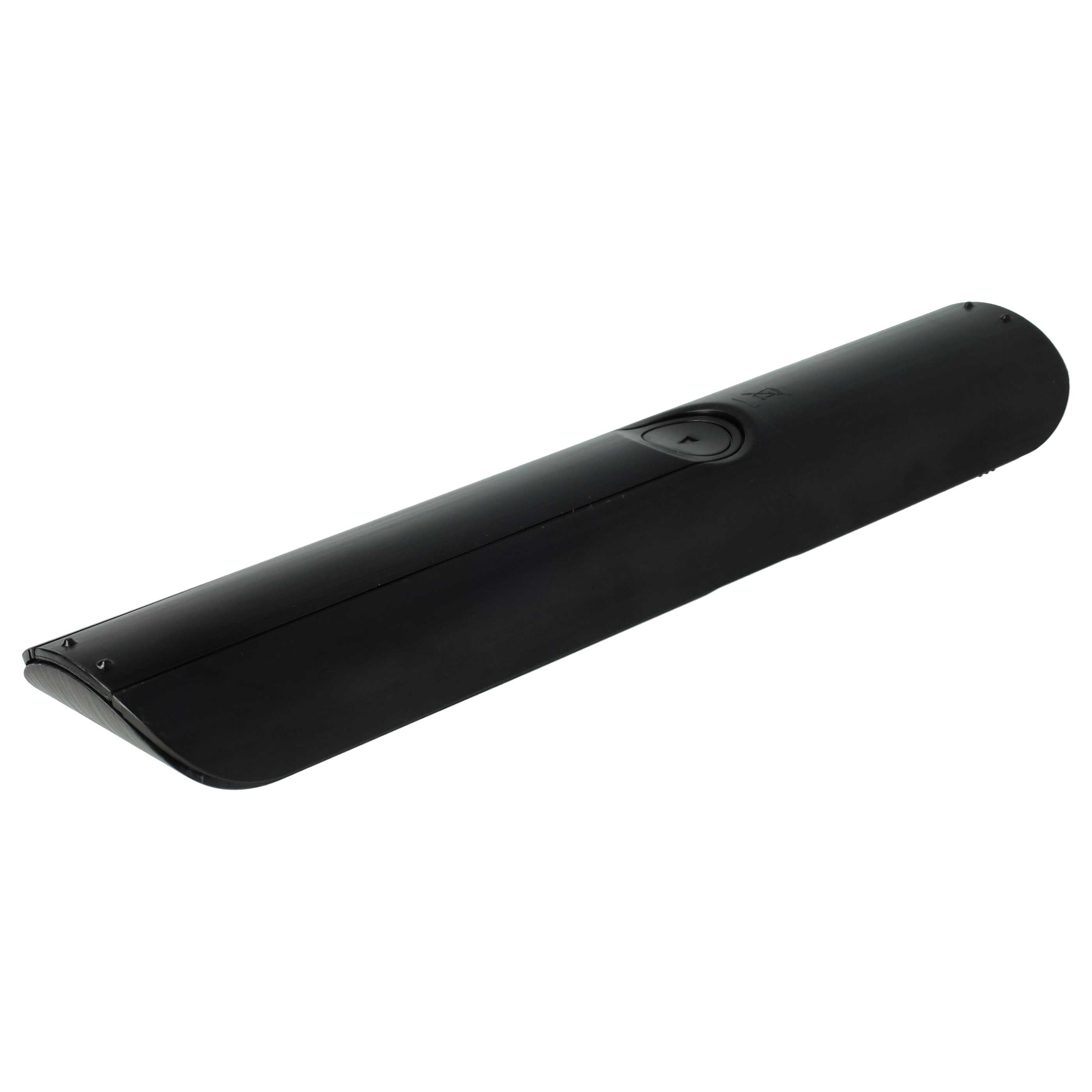 Eine schwarze TV-Fernbedienung liegt auf weißem Untergrund. Sie hat Knöpfe und eine Pfeiltaste.