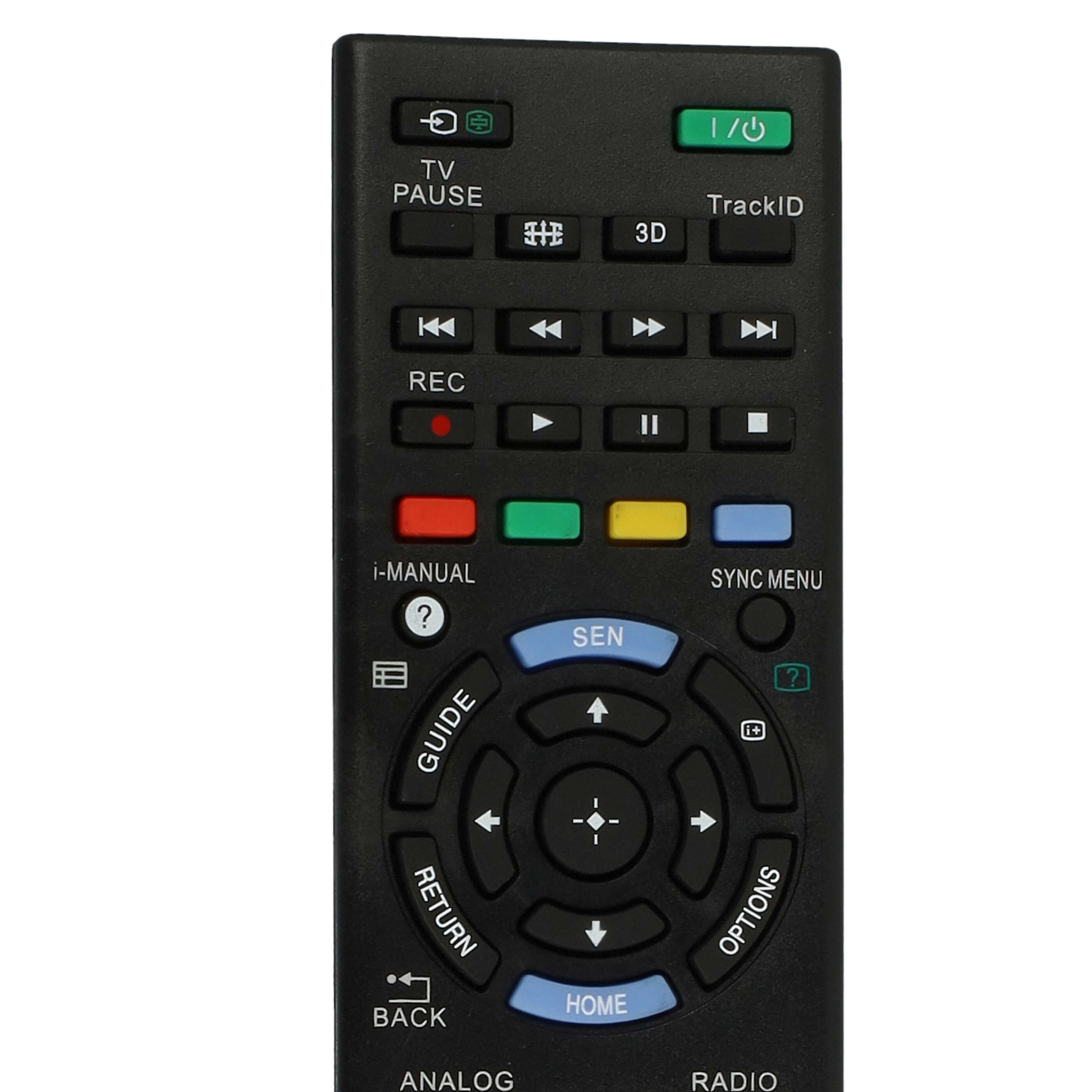 Eine schwarze TV-Fernbedienung mit vielen Tasten, einschließlich Ein-/Aus-, Lautstärke- und Navigationstasten.
