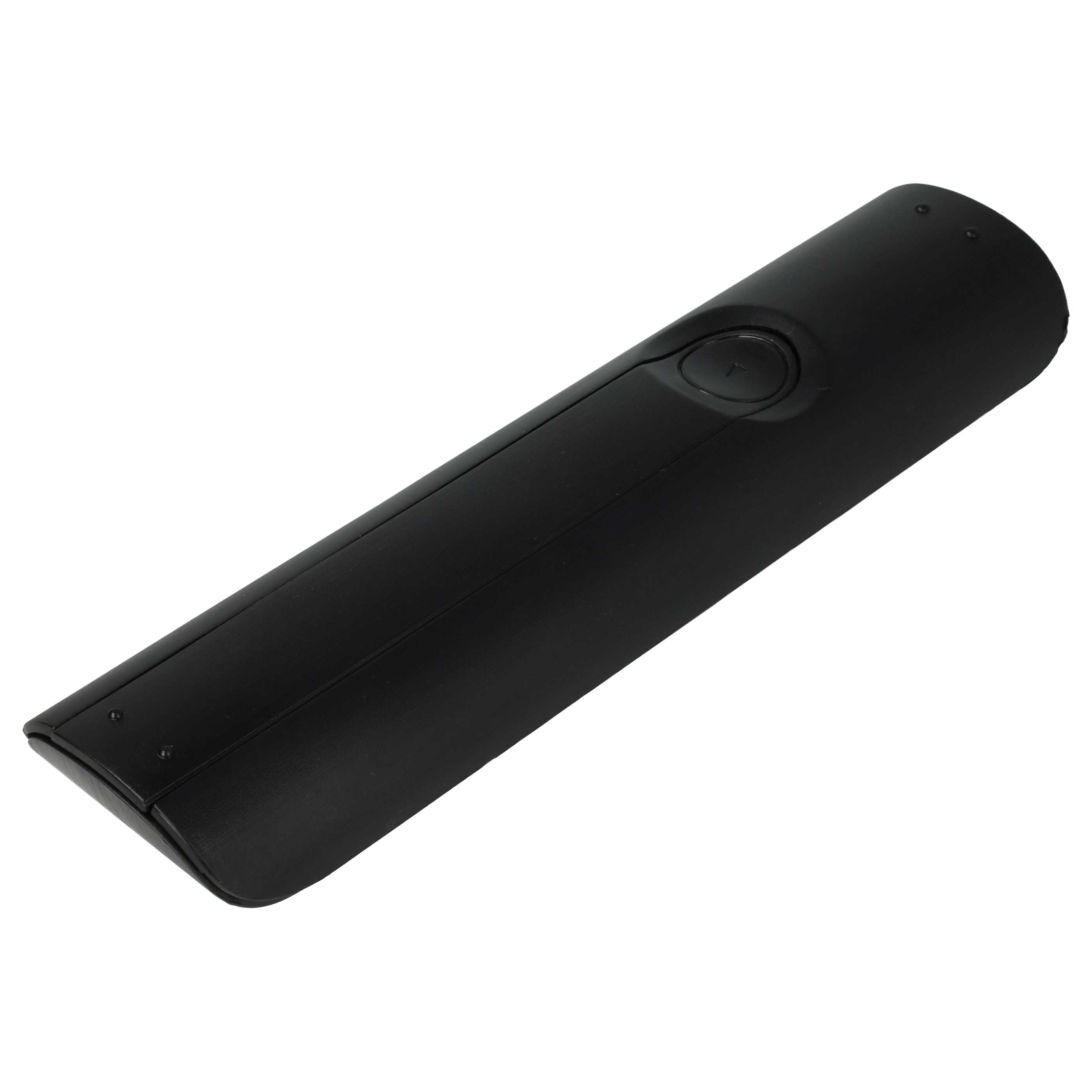 Eine schwarze Fernbedienung liegt auf weißem Hintergrund. Sie hat Knöpfe und eine gebogene Form.