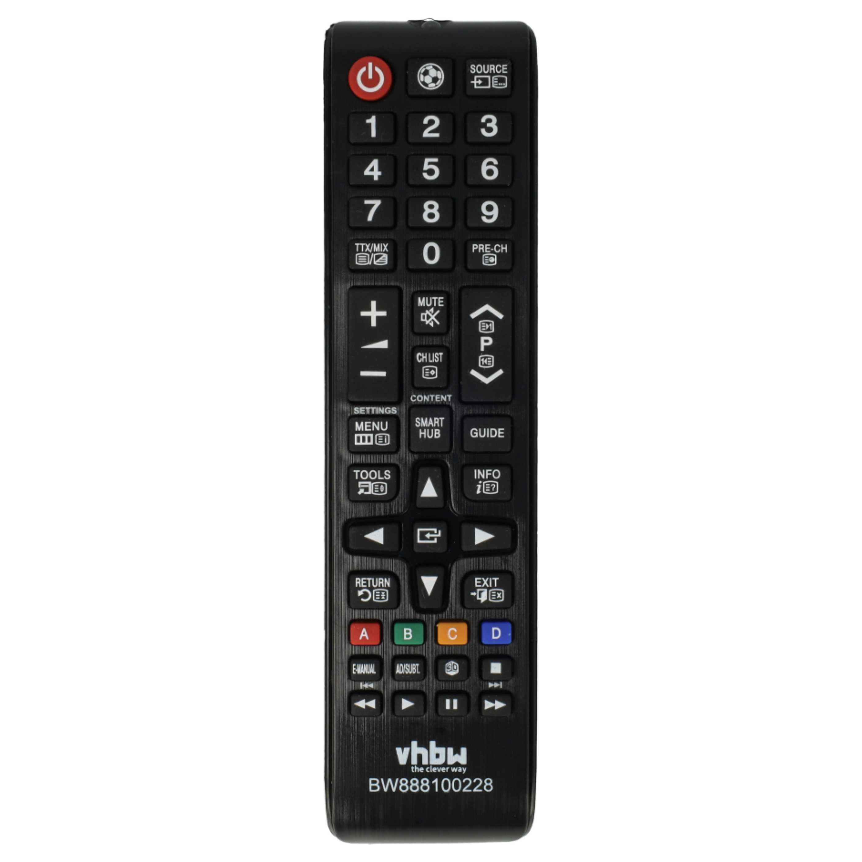 Schwarze TV-Fernbedienung mit vielen Tasten. Enthält Strom, Zahlen, Lautstärke, Kanal, Menü und Navigation.