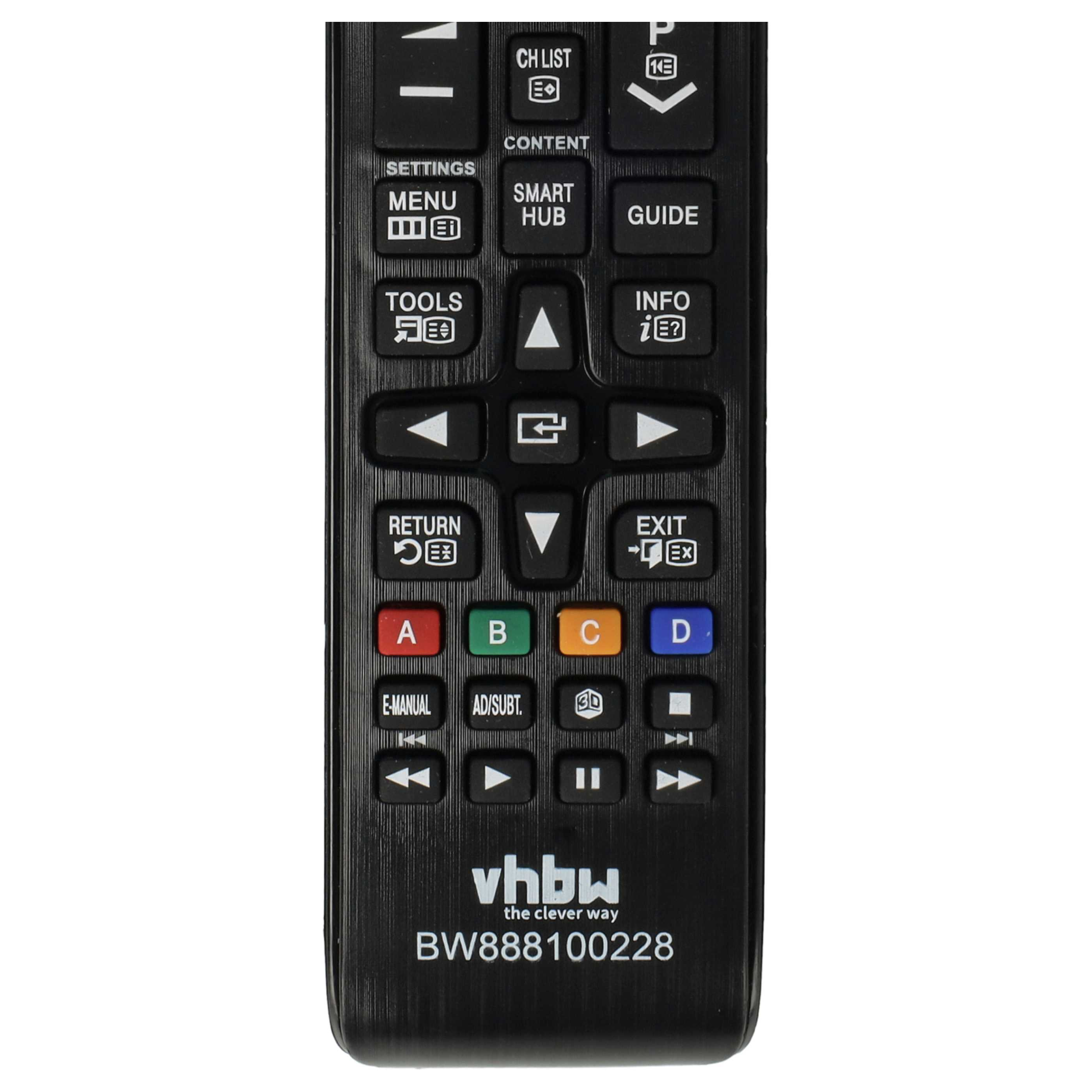Schwarze TV-Fernbedienung mit Tasten für Menü, Lautstärke und Kanäle. Die Marke ist vhbw.