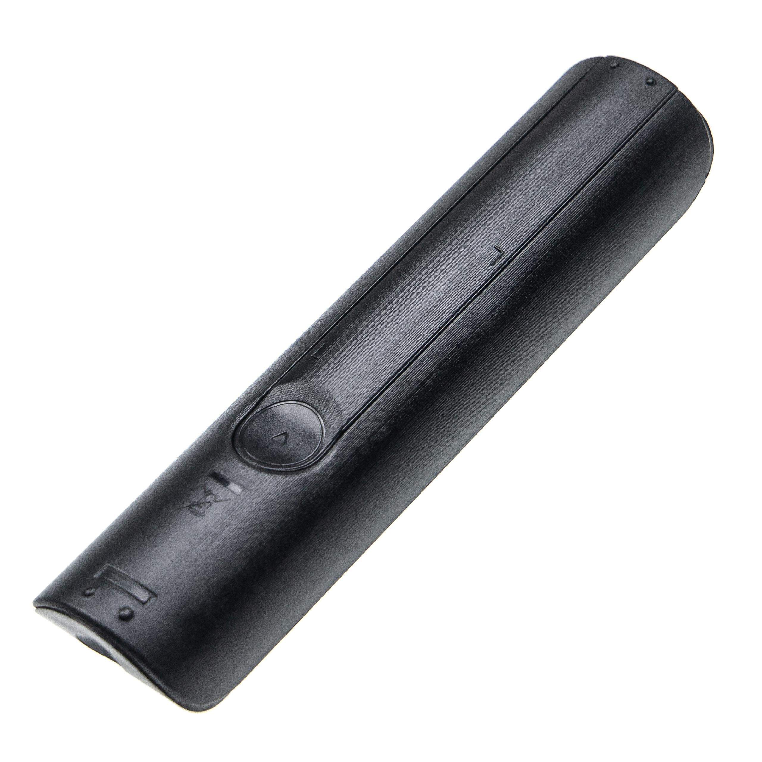 Eine schwarze Fernbedienung auf weißem Hintergrund. Sie hat ein abgerundetes Ende und eine kreisförmige Taste.