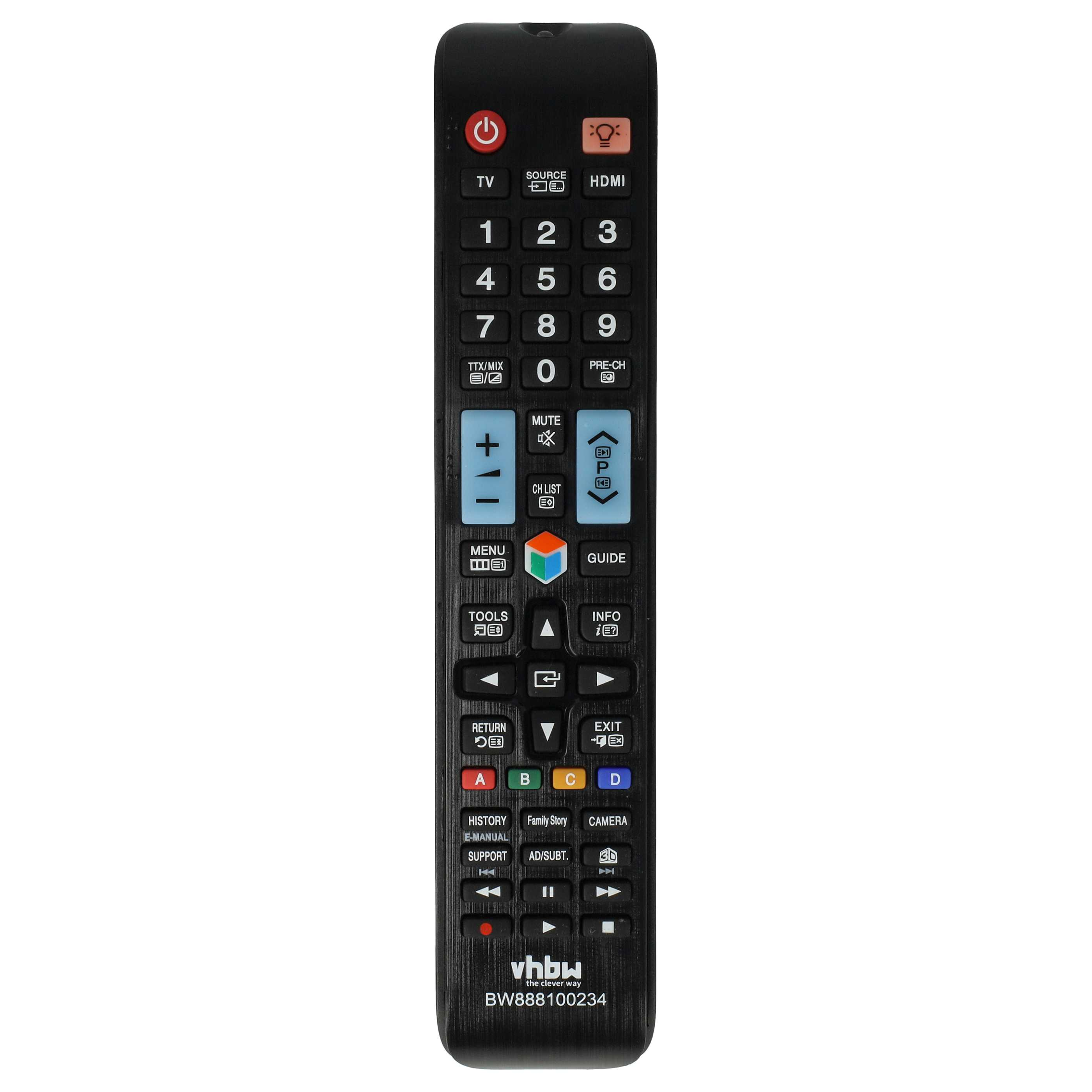 Schwarze TV-Fernbedienung mit Tasten für Ein/Aus, Zahlen, Lautstärke, Kanäle und Menüoptionen. Text 'vhbw' sichtbar.