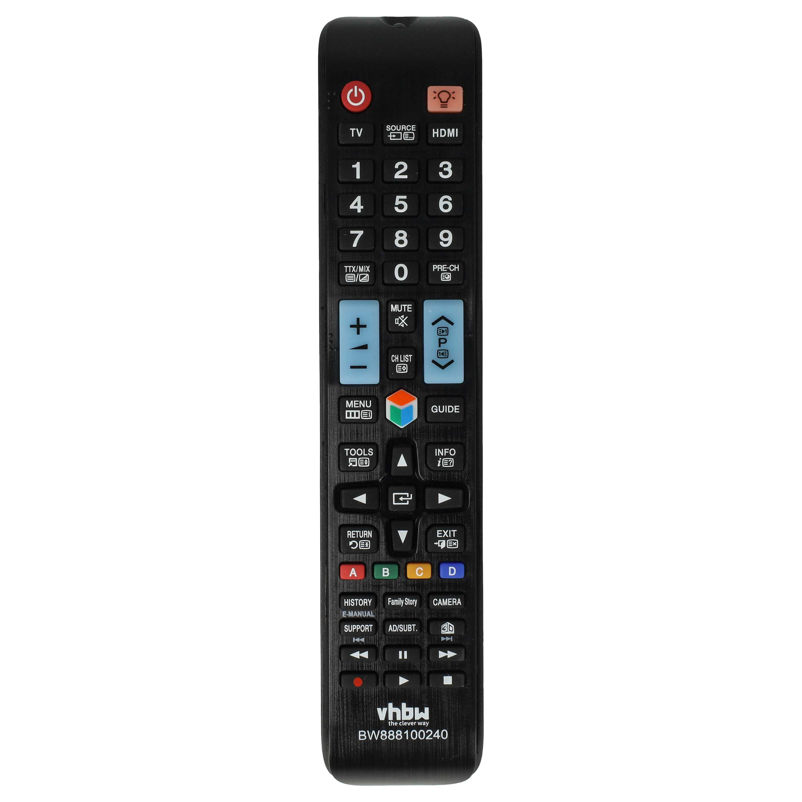 Eine schwarze TV-Fernbedienung mit zahlreichen Tasten, darunter Zahlen, Lautstärke und Ein/Aus.