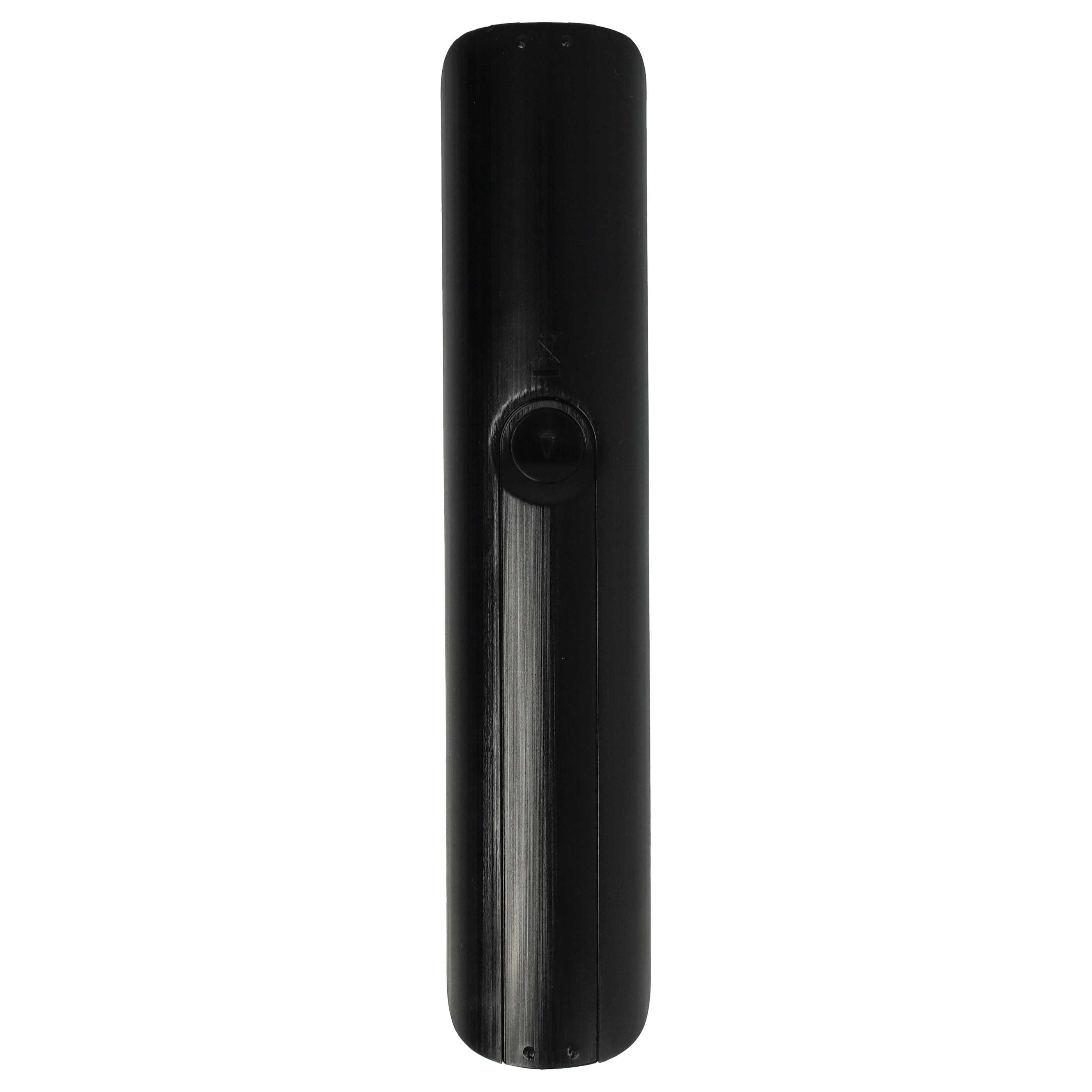 Eine schwarze, zylindrische Fernbedienung mit einer Taste. Der Hintergrund ist weiß.