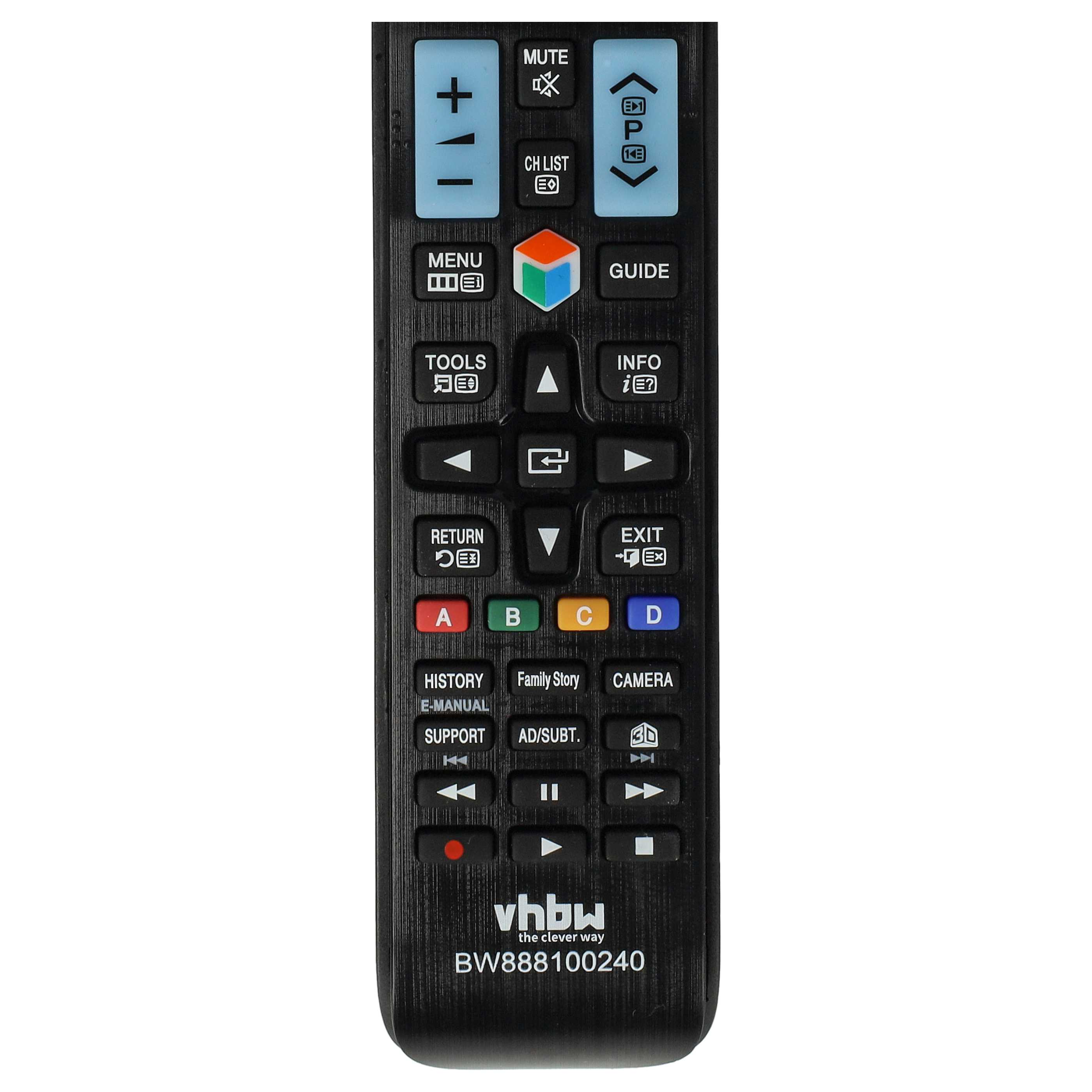 Eine schwarze Fernbedienung mit verschiedenen Tasten: Stumm, Lautstärke, Kanal, Menü, Werkzeuge und Info. Unten steht 'vhbw'.
