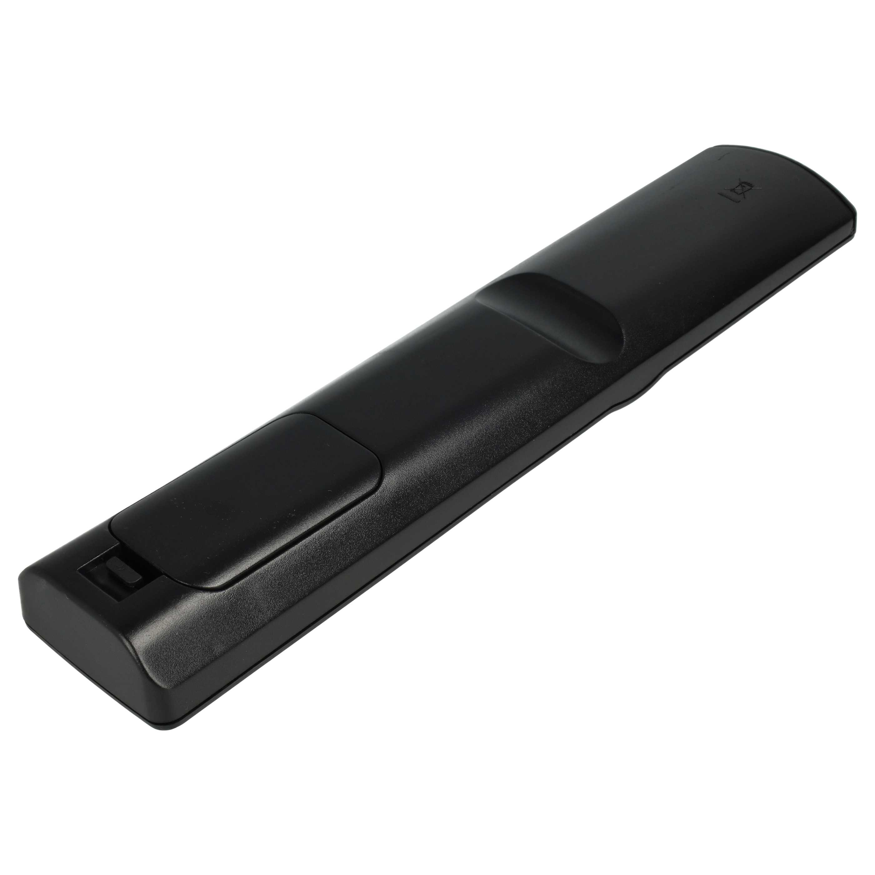 Eine schwarze Fernbedienung liegt auf weißem Hintergrund. Die Fernbedienung hat Knöpfe und eine Klappe.