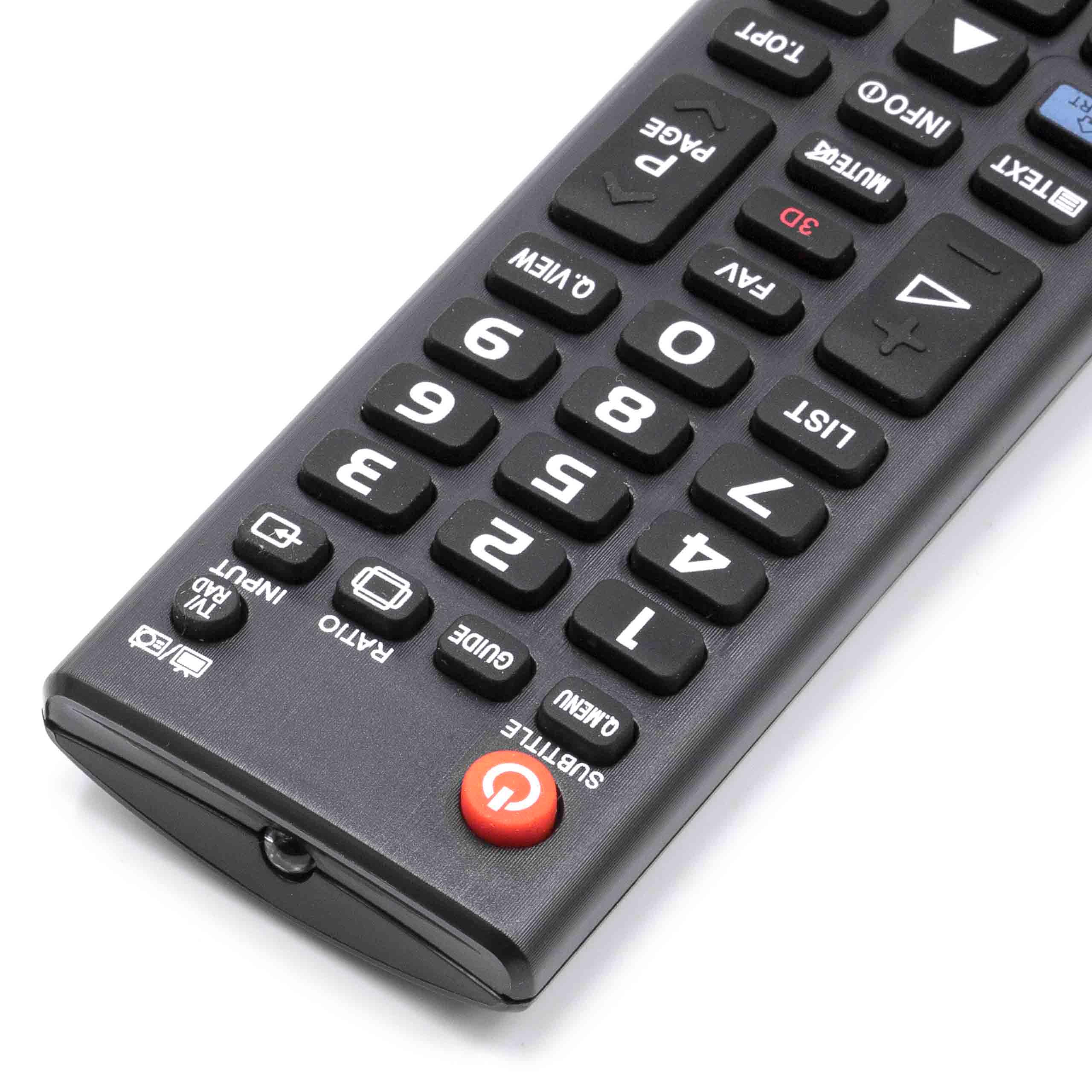 Eine schwarze TV-Fernbedienung mit vielen Tasten, darunter Zahlen, Lautstärke und Ein/Aus. Die Ein/Aus-Taste ist rot.