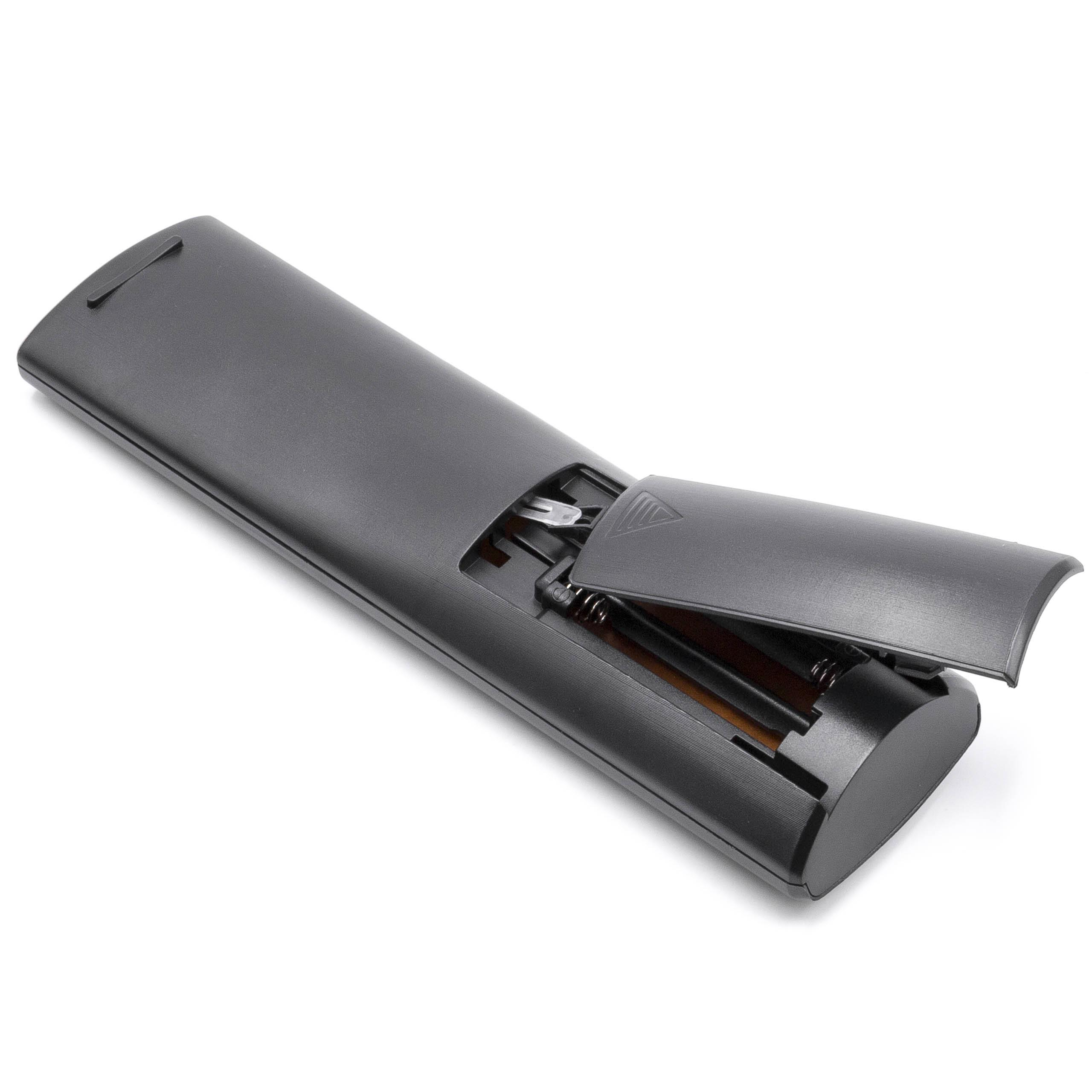 Eine schwarze TV-Fernbedienung mit offenem Batteriefach. Batterien und Federn sind sichtbar.