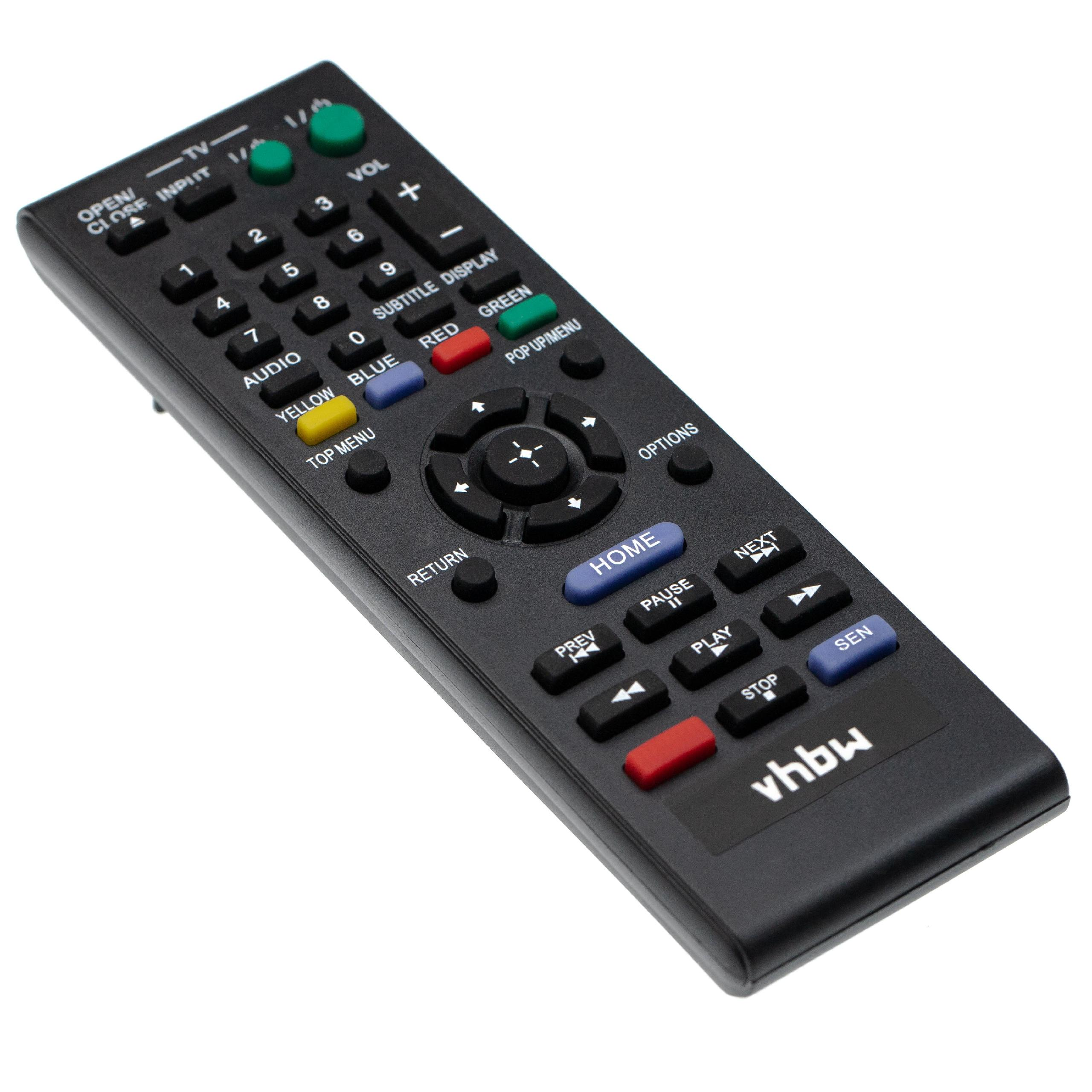 Eine schwarze TV-Fernbedienung mit verschiedenen Tasten, darunter Zahlen, Farben und Funktionstasten, auf weißem Hintergrund.