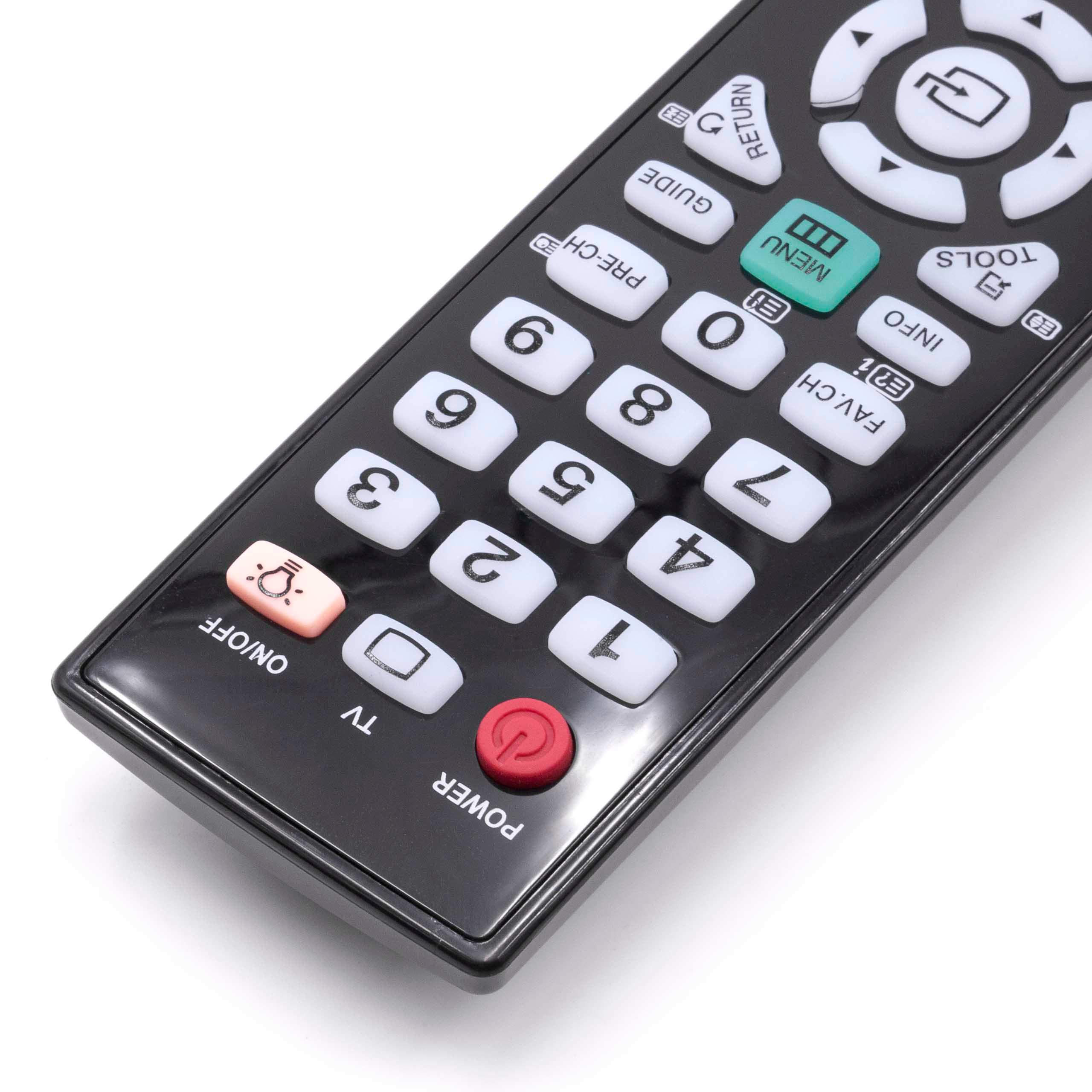 Schwarze TV-Fernbedienung mit weißen Tasten. Zahlen 0-9 sind sichtbar, ebenso wie Power-, Menü- und Kanaltasten.