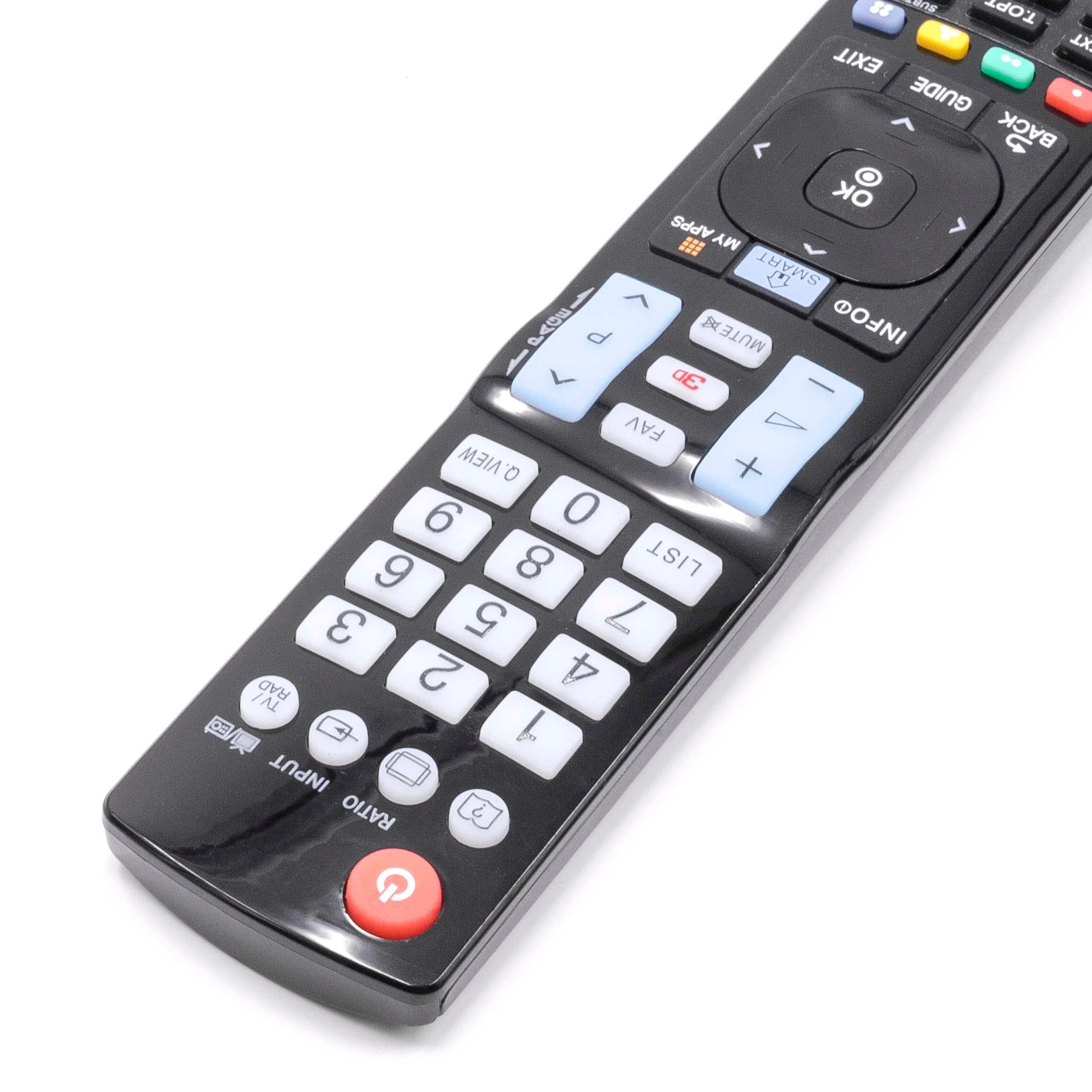 Eine schwarze TV-Fernbedienung mit vielen Tasten, darunter Zahlen, Lautstärke- und Kanalregler, auf weißem Hintergrund.
