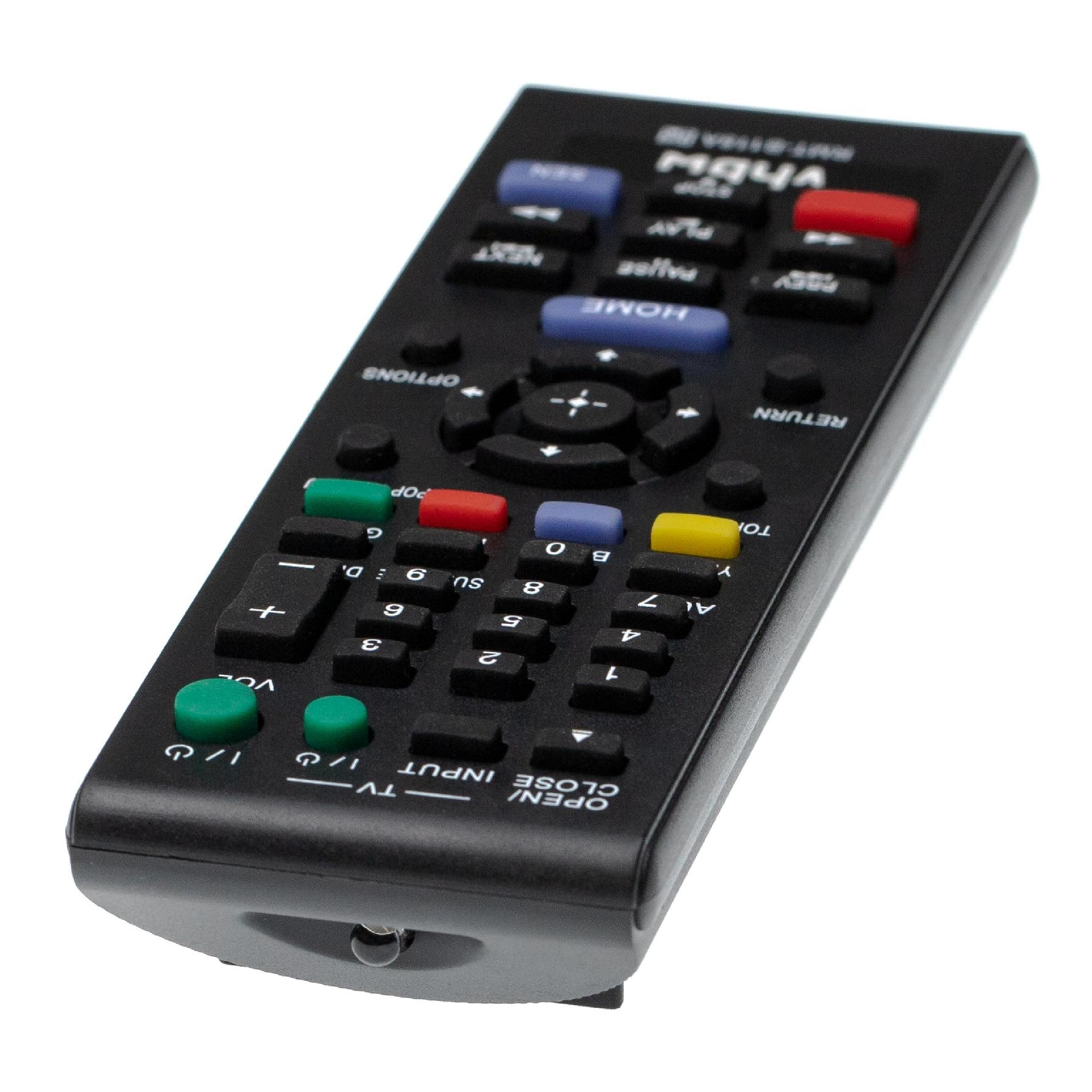 Schwarze TV-Fernbedienung mit farbigen Knöpfen, darunter rot, blau und grün. Sie hat Zahlen und Funktionsbezeichnungen.