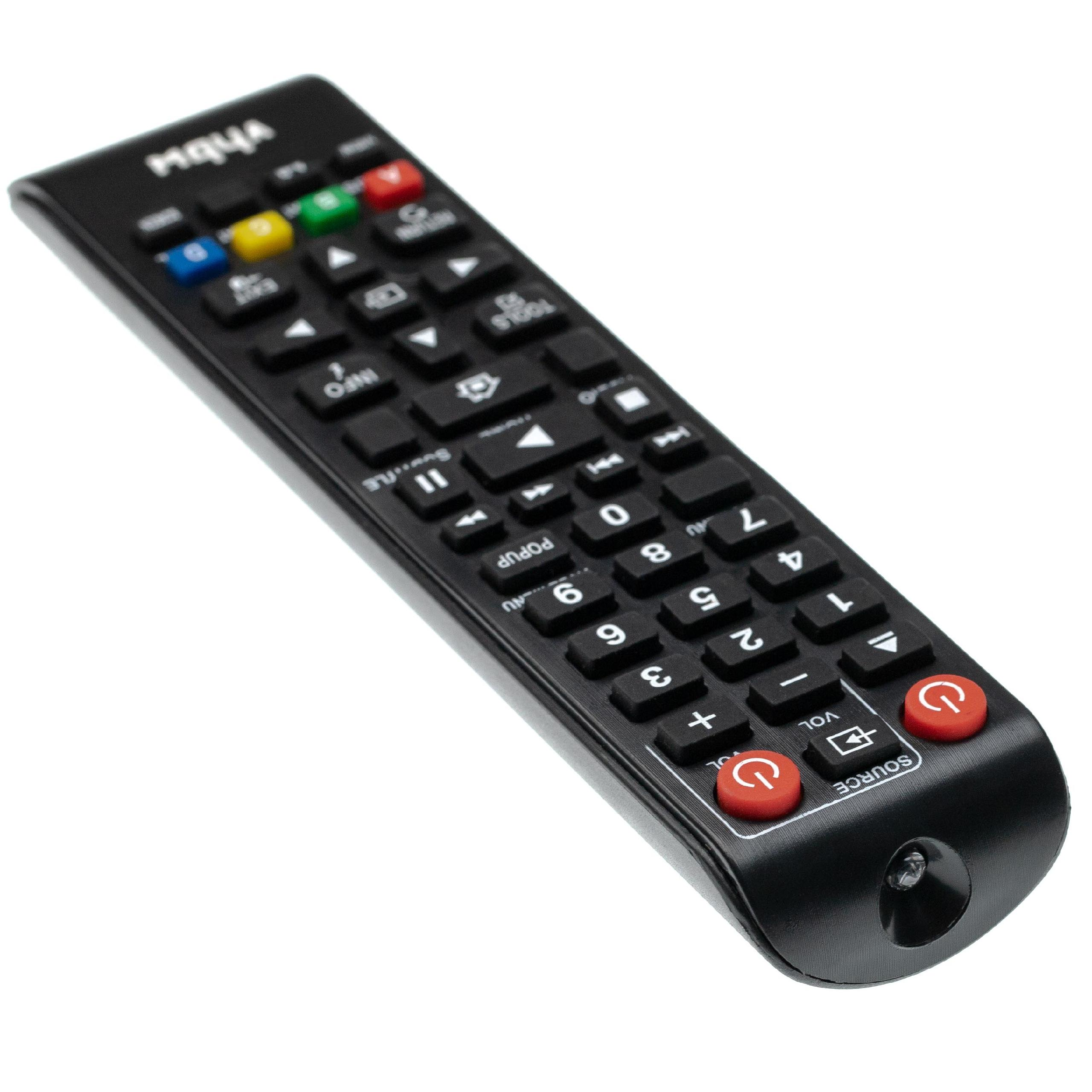 Eine schwarze TV-Fernbedienung mit vielen Tasten, einschließlich roter Strom- und Lautstärketasten.