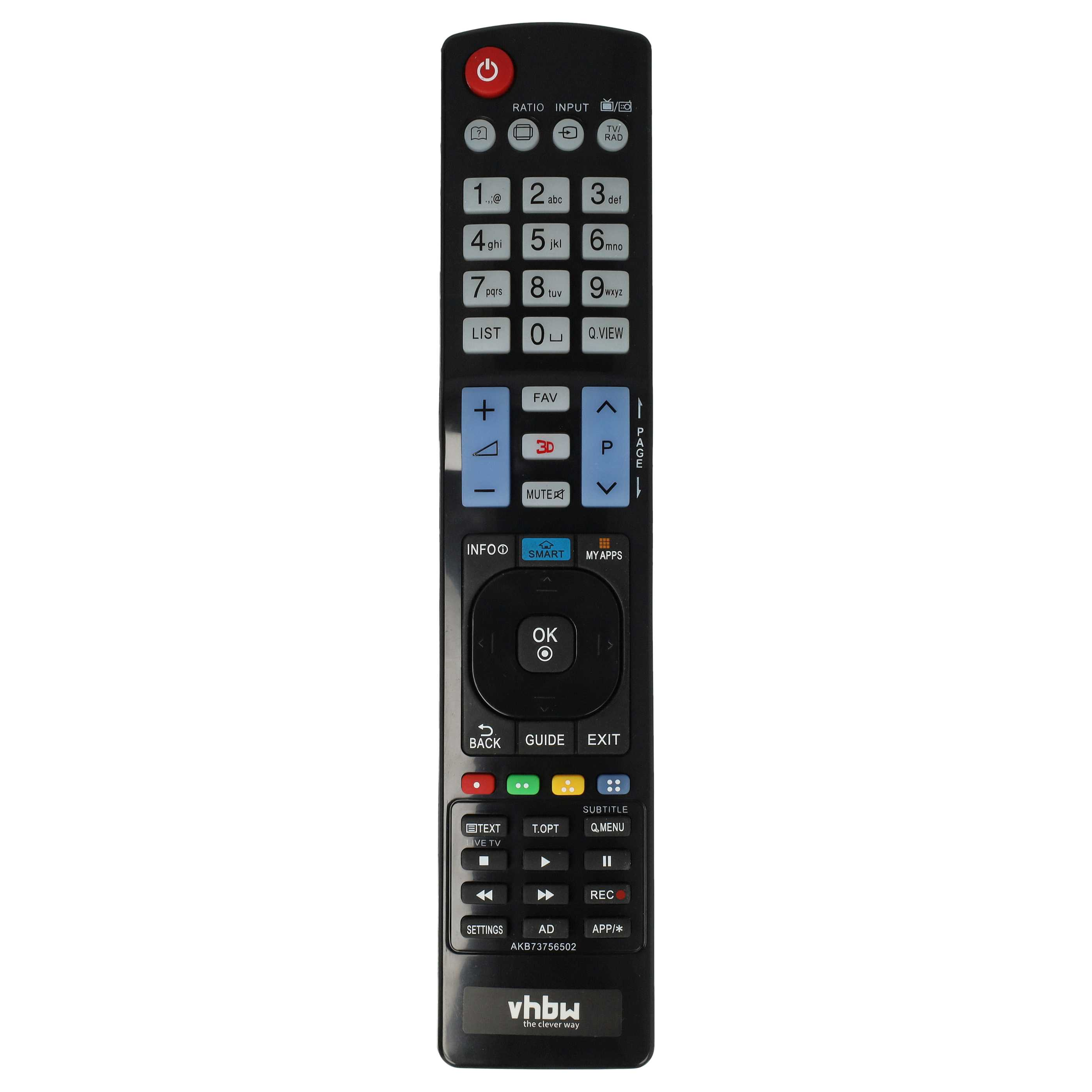 Eine schwarze TV-Fernbedienung mit vielen Tasten, darunter Zahlen, Lautstärke und Ein/Aus.