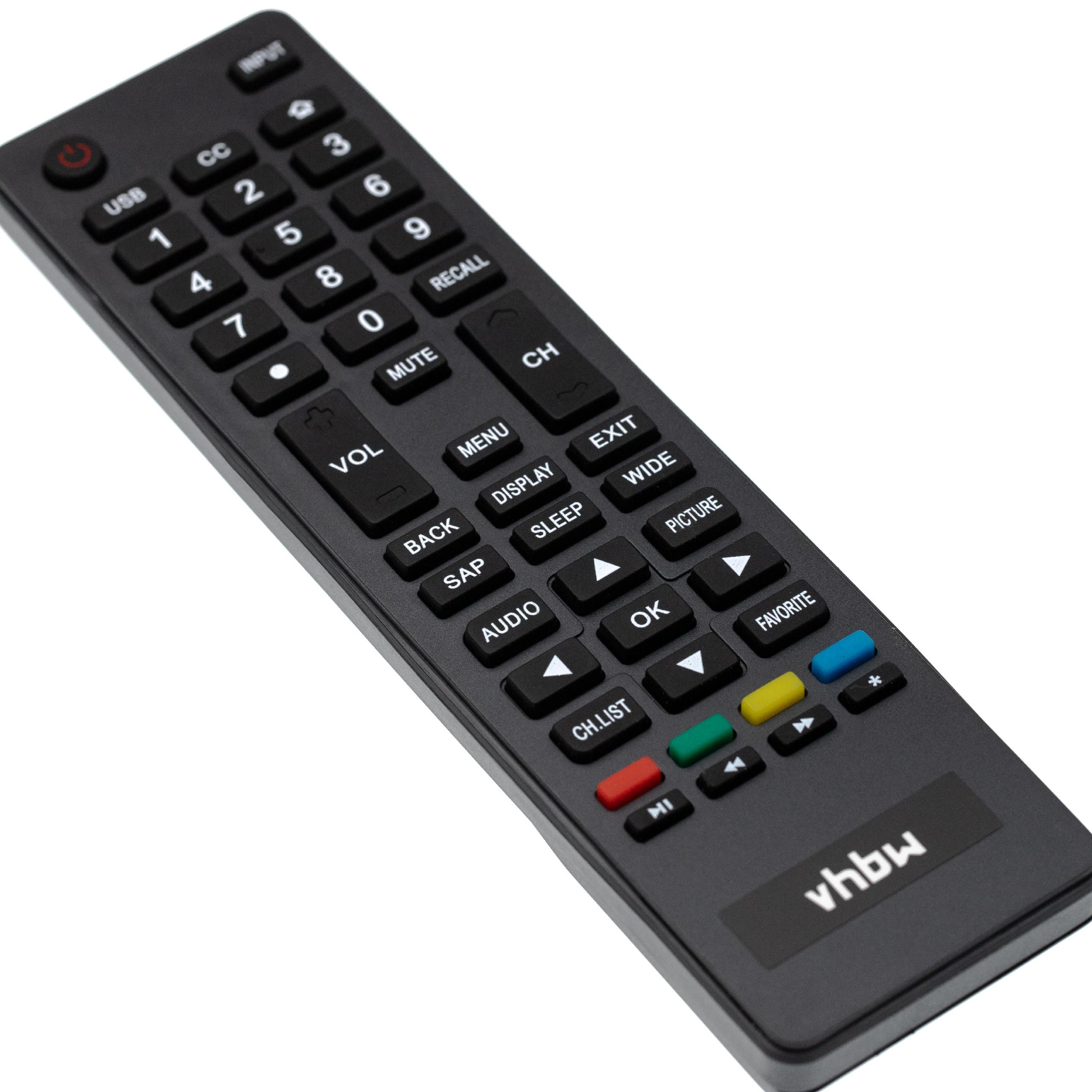 Schwarze TV-Fernbedienung mit vielen Tasten: Zahlen, Lautstärke, Kanal, Menü und mehr. Die Marke vhbw ist sichtbar.