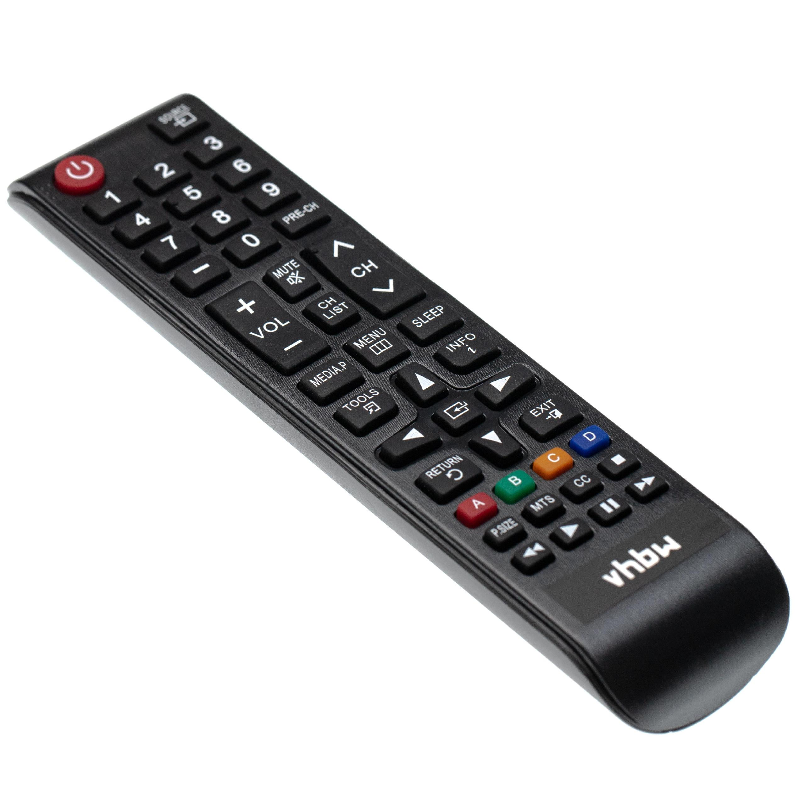 Eine schwarze TV-Fernbedienung mit Tasten für Nummern, Lautstärke und Kanal. Die Marke "vhbw" ist sichtbar.