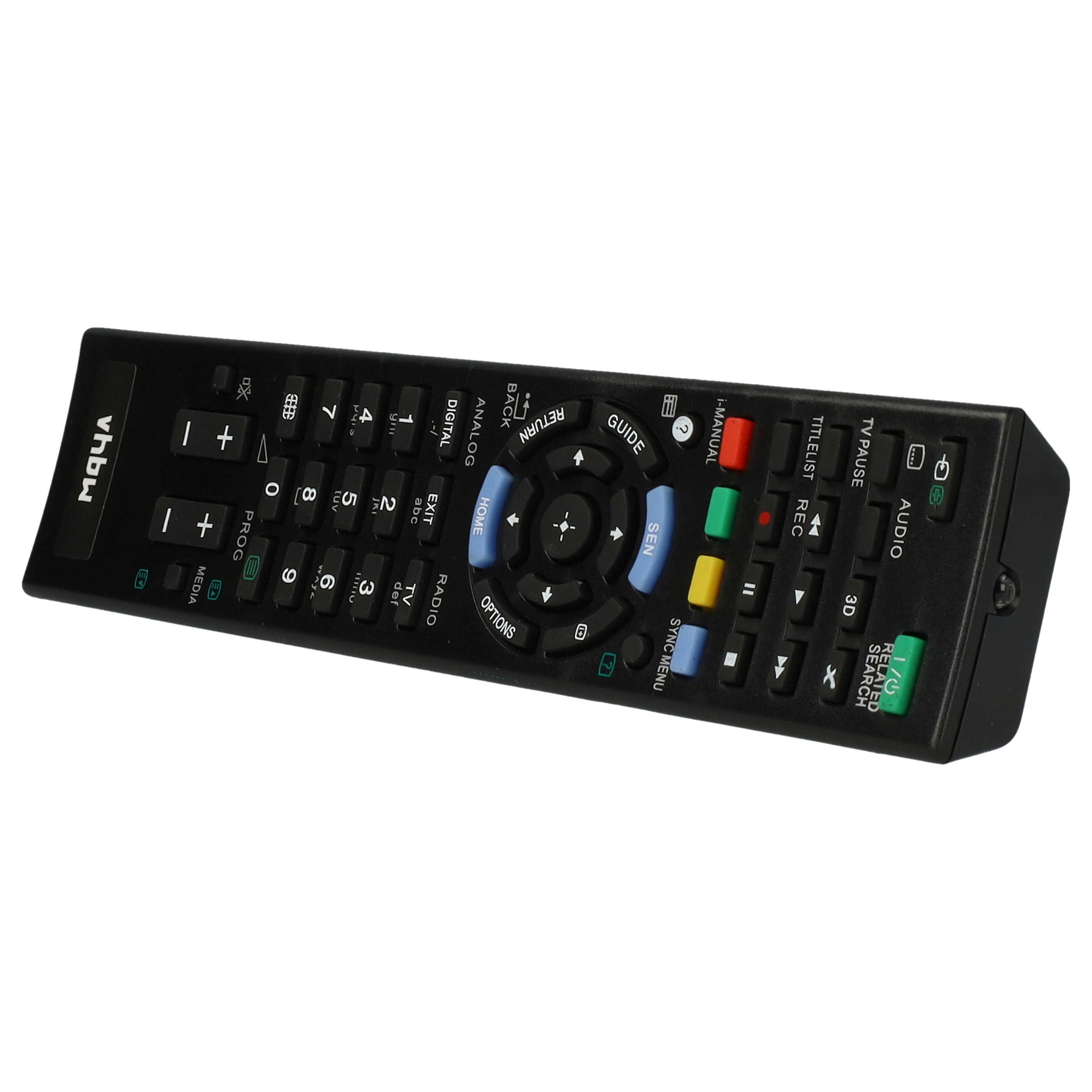 Schwarze TV-Fernbedienung mit vielen Tasten, darunter Lautstärke, Kanal und Menü. Die Marke ist vhbw.