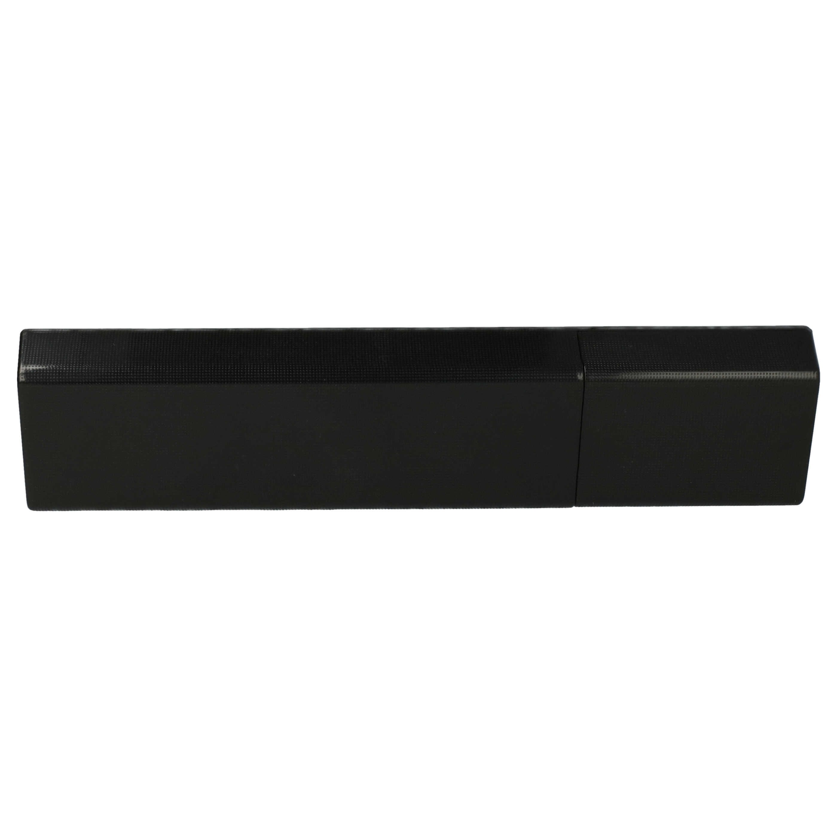 Ein schwarzes, rechteckiges Objekt, möglicherweise eine Soundbar oder ein ähnliches Gerät, liegt horizontal vor weißem Hintergrund.