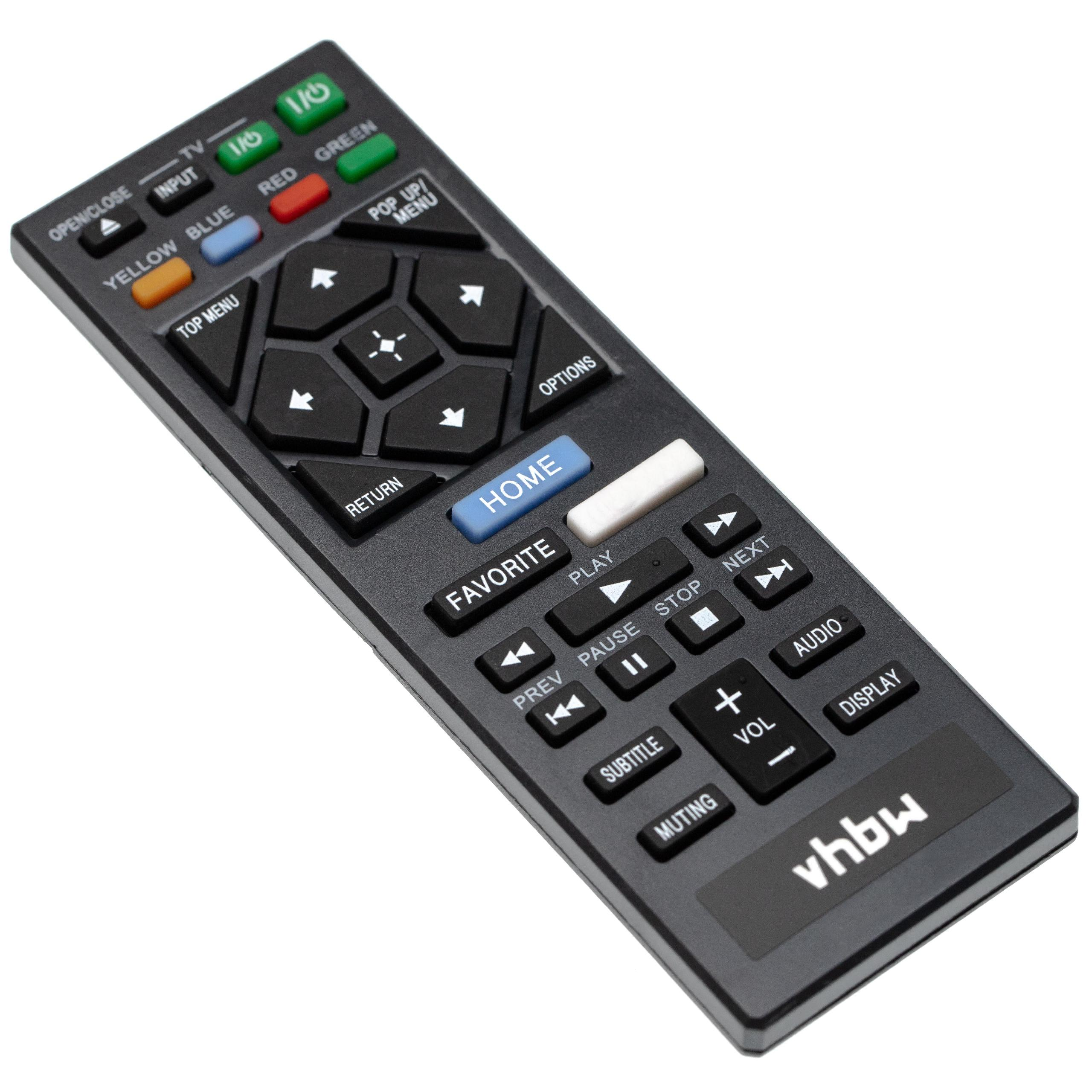 Eine schwarze TV-Fernbedienung mit vielen Tasten, darunter Ein/Aus, Lautstärke und Navigation. Die Marke 'vhbw' ist sichtbar.