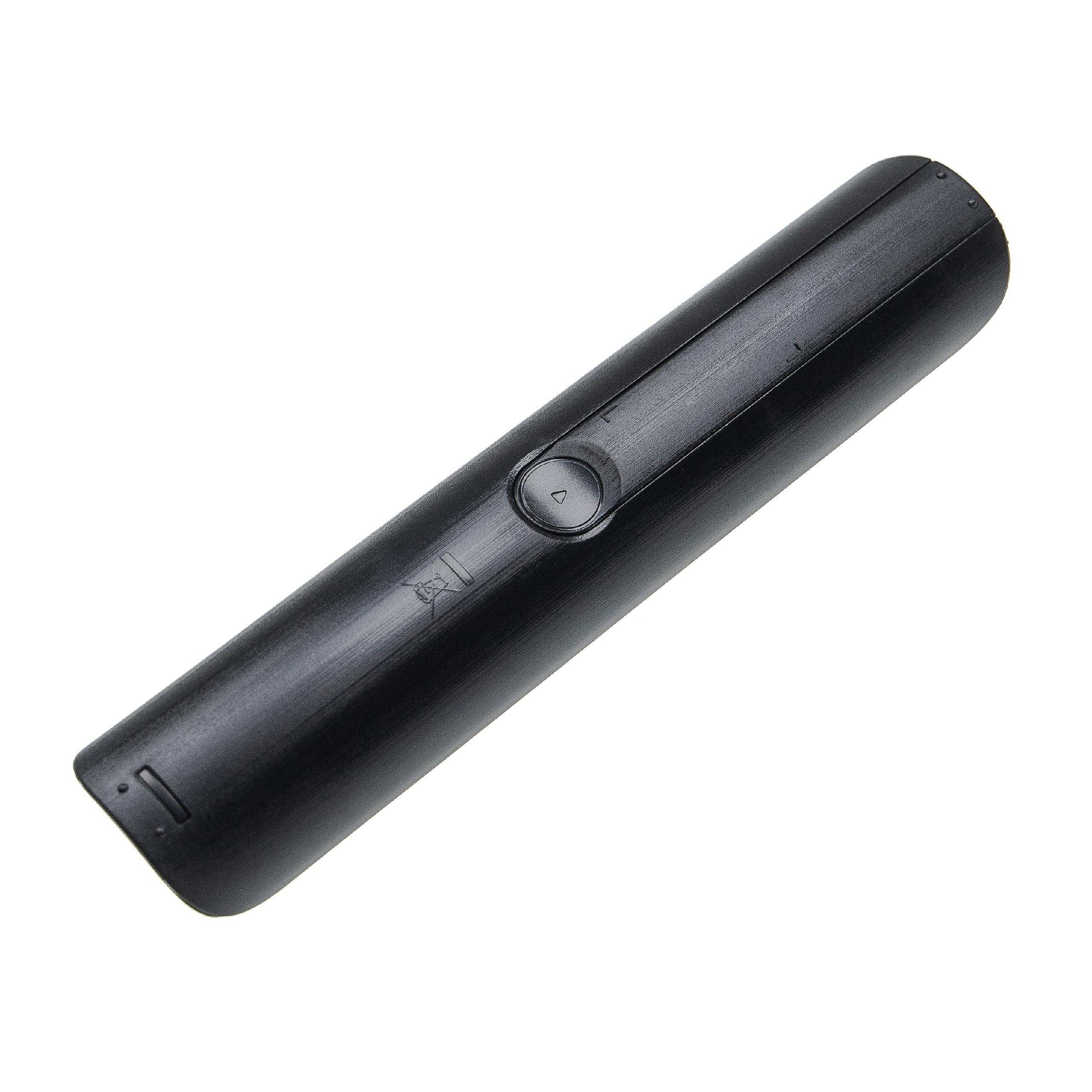 Eine schwarze Fernbedienung auf weißem Hintergrund. Sie hat eine Taste und ein paar Symbole.
