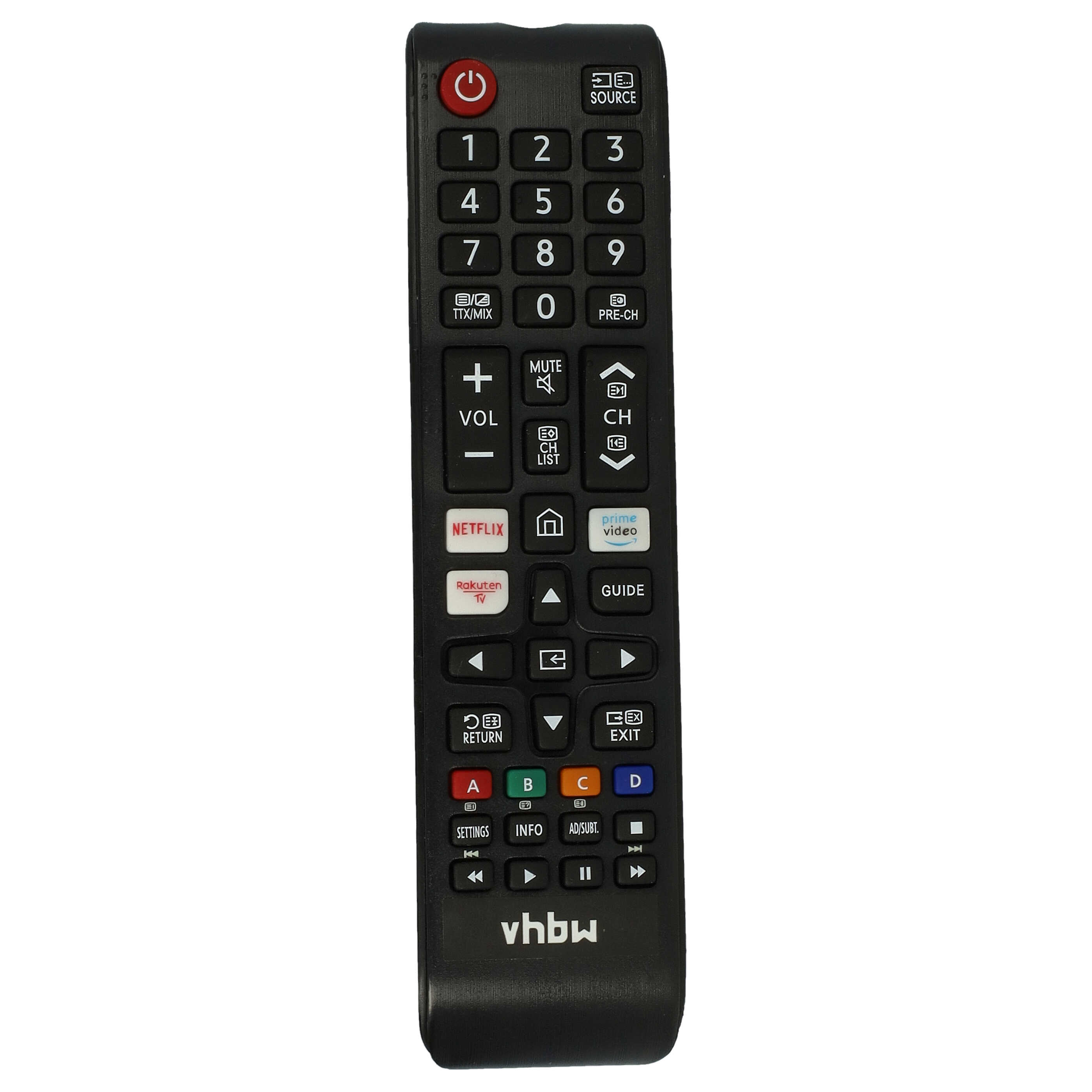 Eine schwarze Samsung-Fernbedienung mit mehreren Tasten. Sie hat Zahlen-, Lautstärke-, Kanal- und Streaming-Dienste-Tasten.