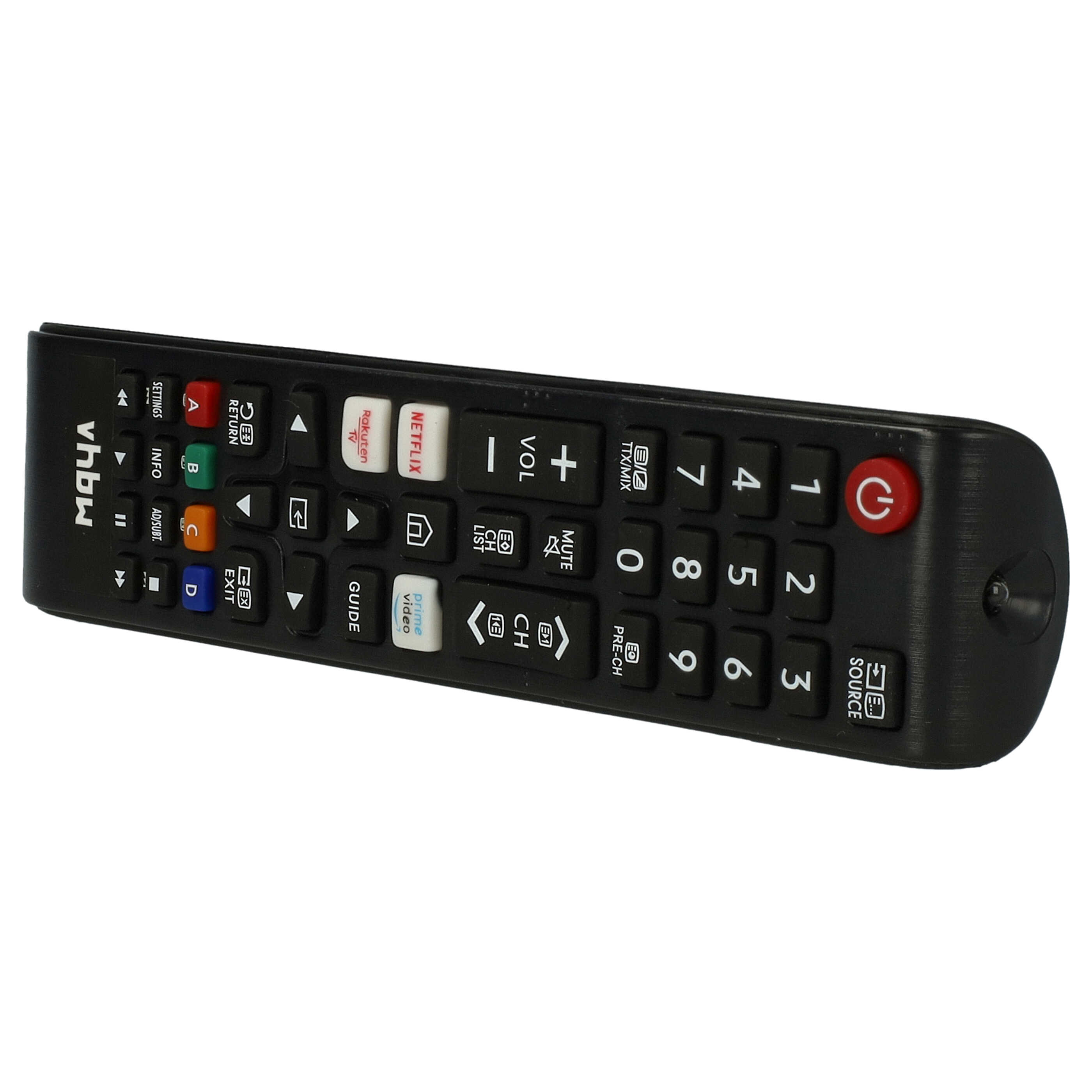 Schwarze TV-Fernbedienung mit vielen Tasten, darunter Zahlen und Lautstärkeregler.