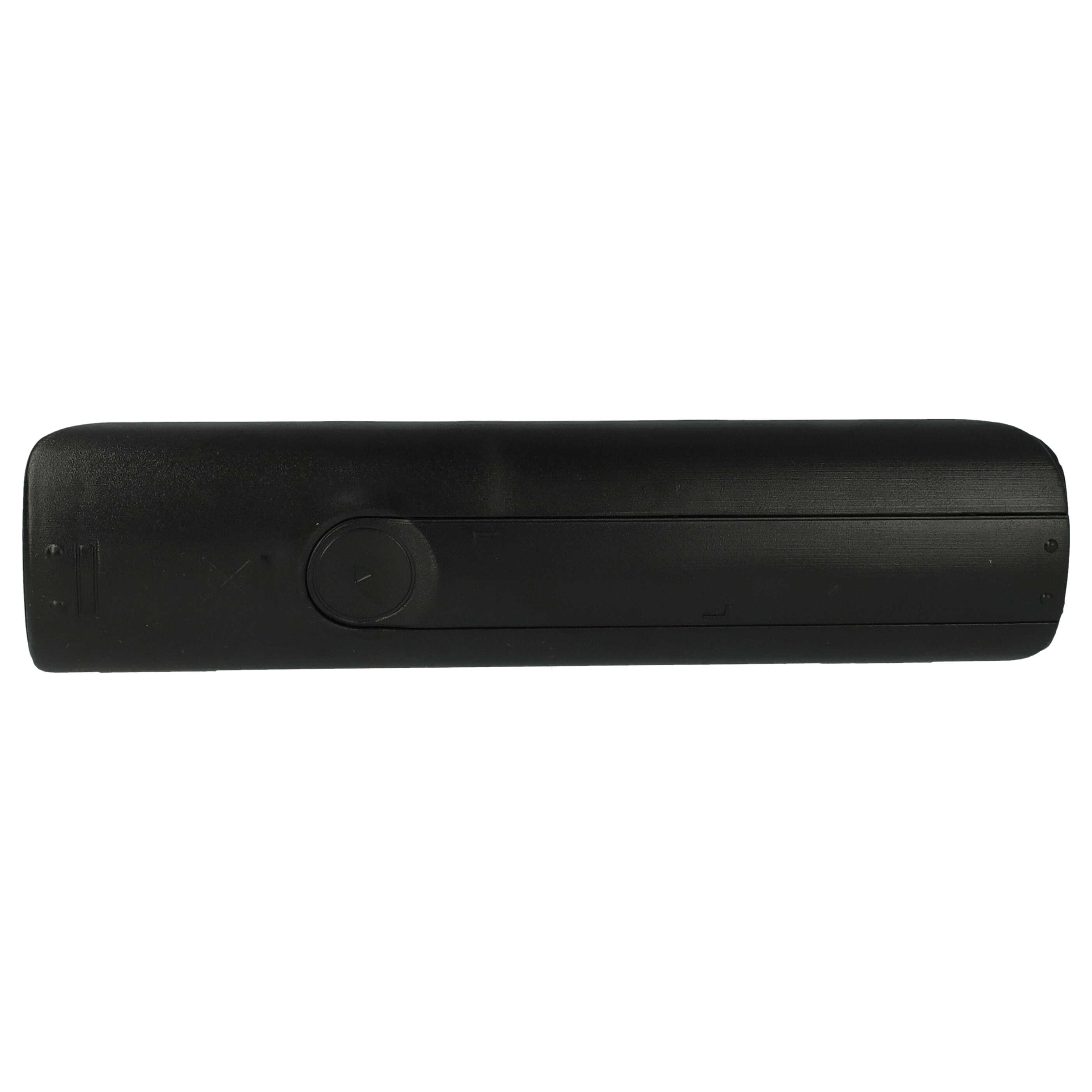 Eine schwarze Fernbedienung liegt horizontal vor weißem Hintergrund. Sie hat einen kreisförmigen Knopf in der Mitte.