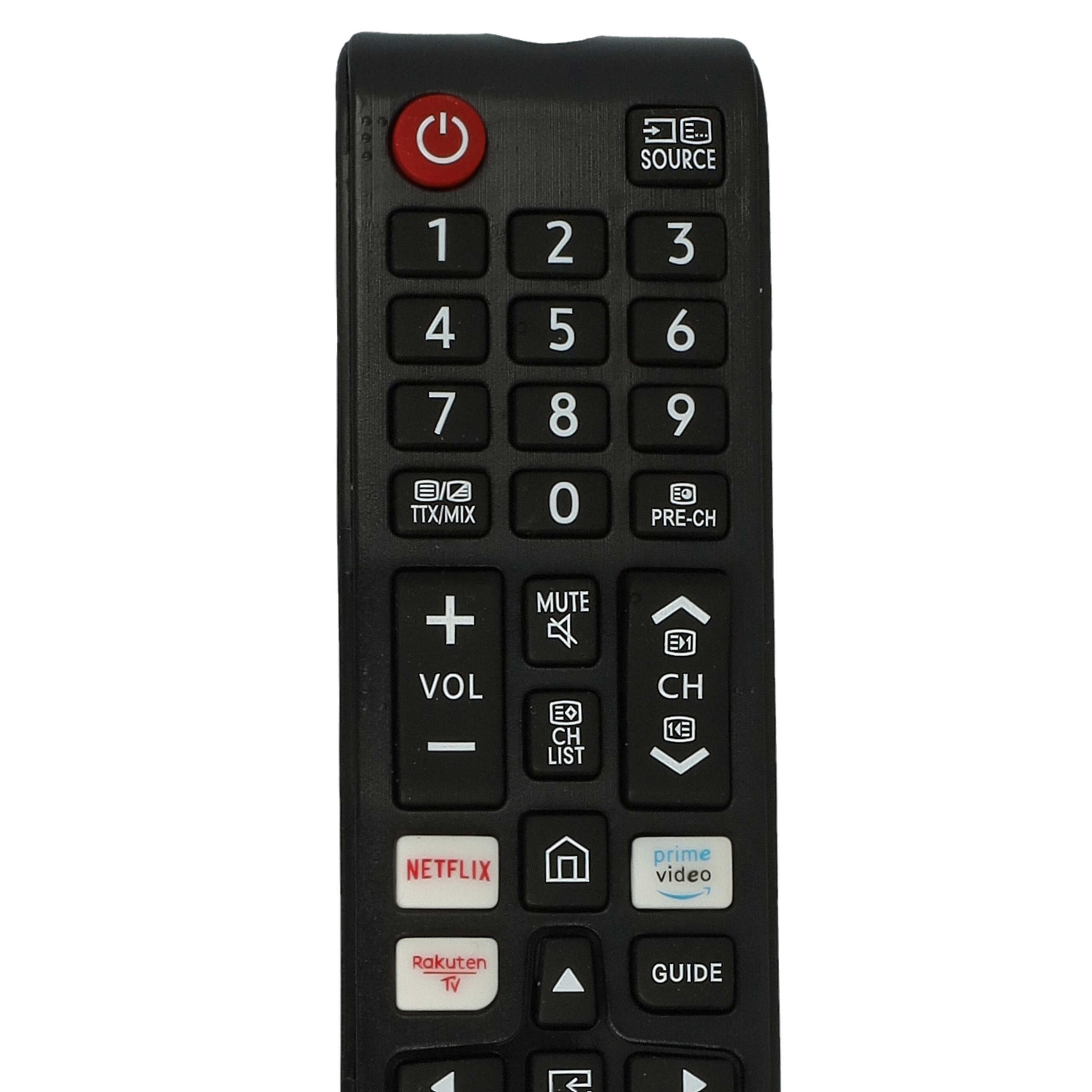 Schwarze Samsung TV-Fernbedienung. Sie hat Tasten für Strom, Lautstärke, Kanal, Netflix, Prime Video, Zahlen und andere Funktionen.