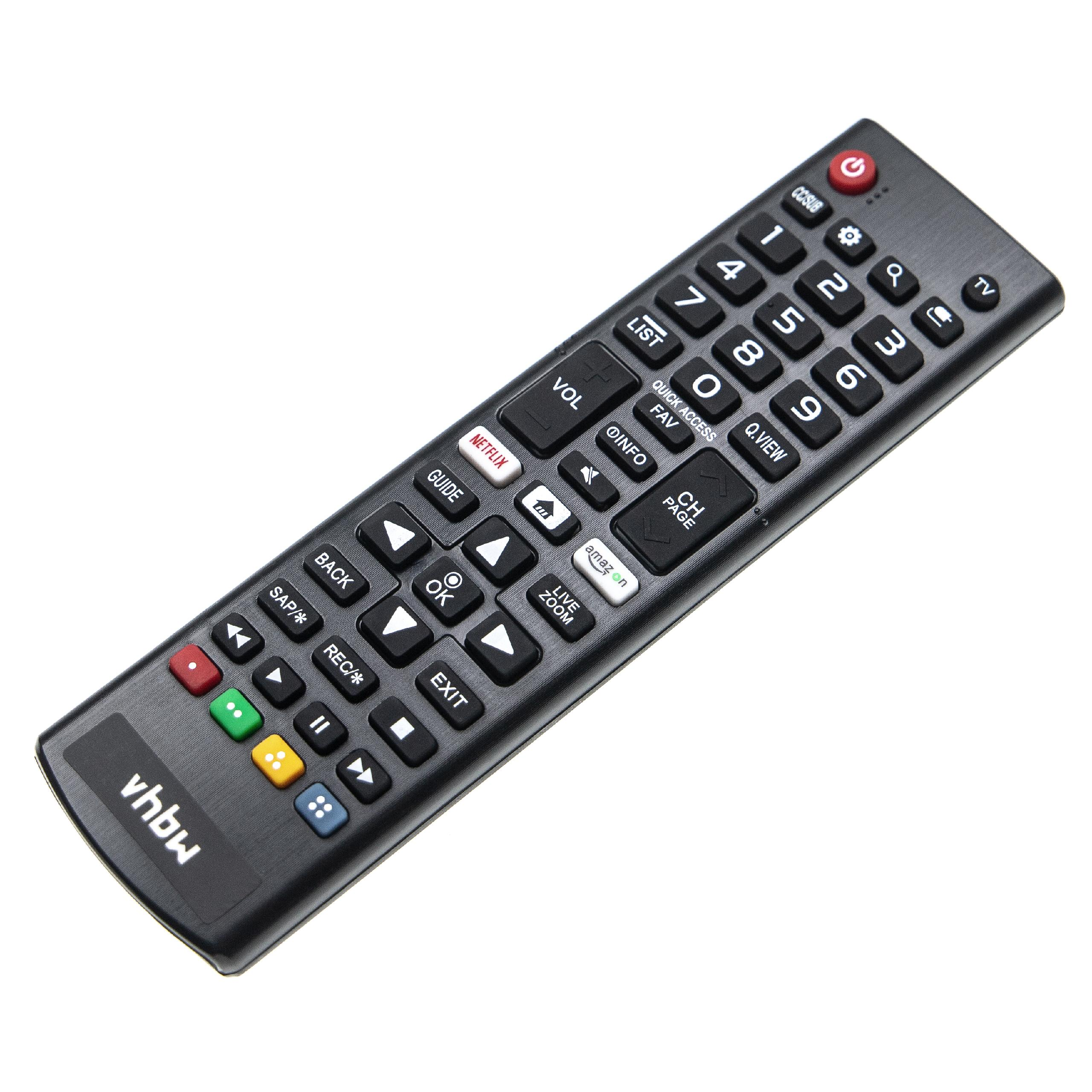 Eine schwarze TV-Fernbedienung mit vielen Tasten, darunter Lautstärke, Kanal und Netflix. Weißer Hintergrund.