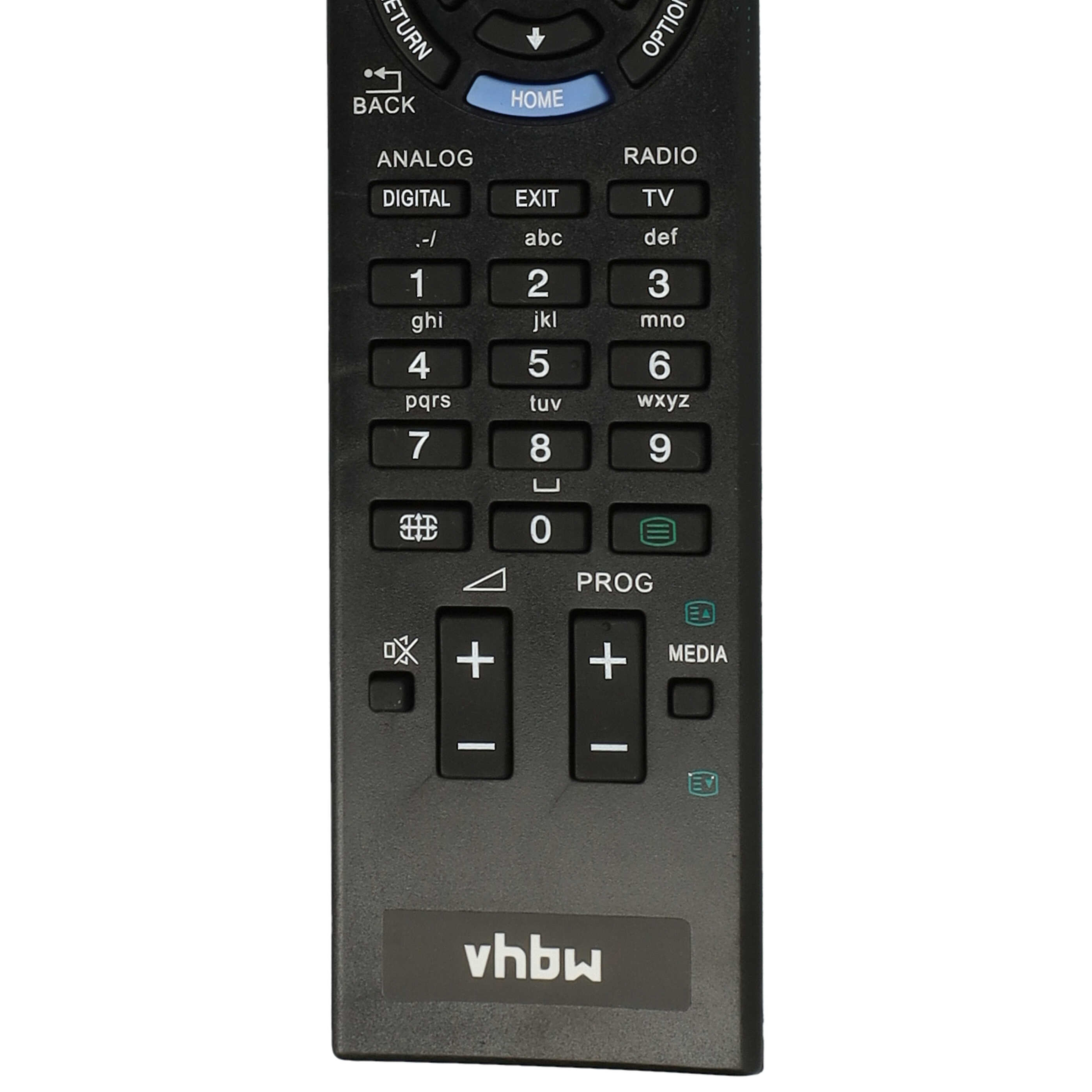 Eine schwarze Fernbedienung mit Tasten: Home, Digital, Exit, TV, Zahlen und Lautstärkereglern. Die Marke ist vhbw.