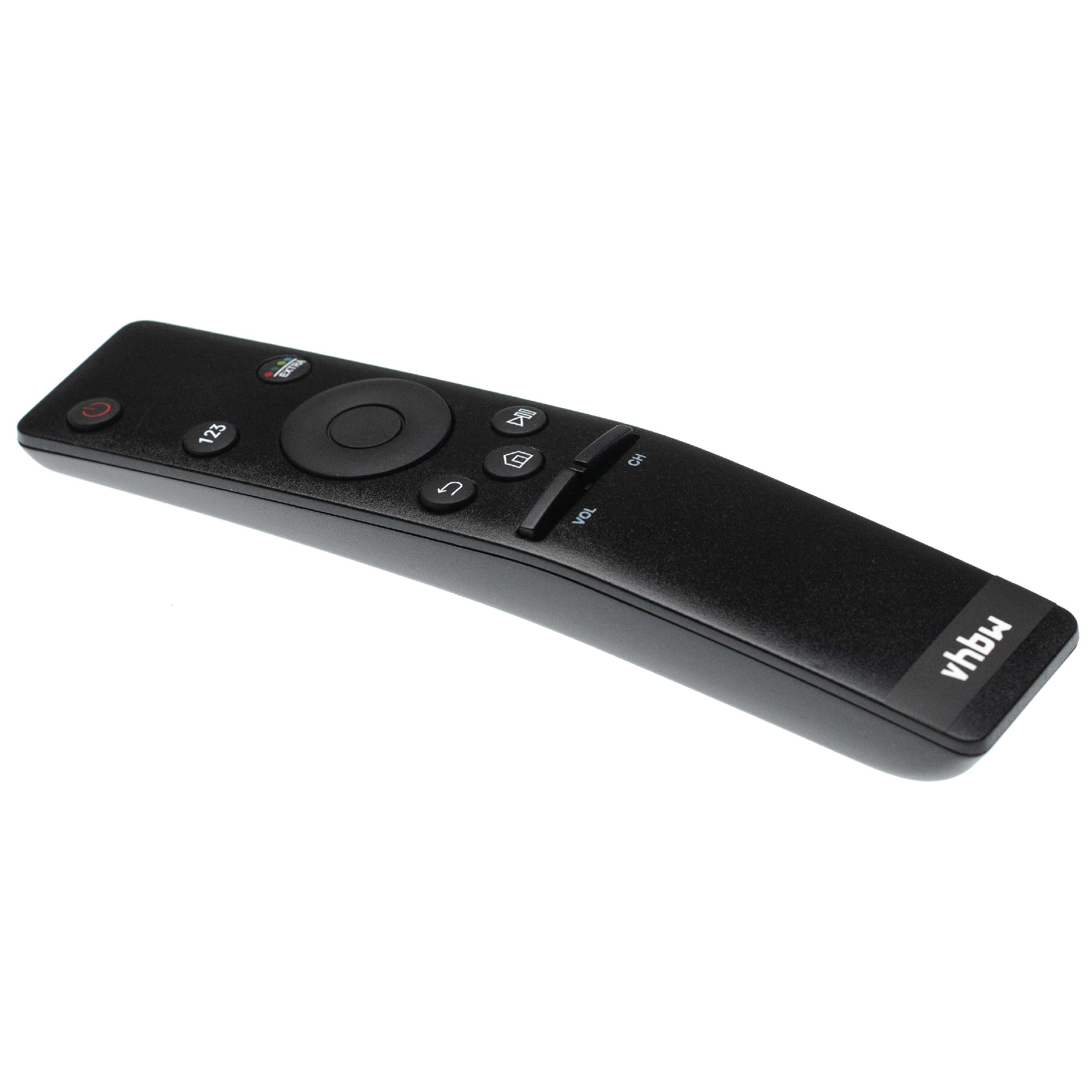 Eine schwarze TV-Fernbedienung mit mehreren Tasten, darunter Ein/Aus, Lautstärke und Kanalsteuerung, auf weißem Hintergrund.