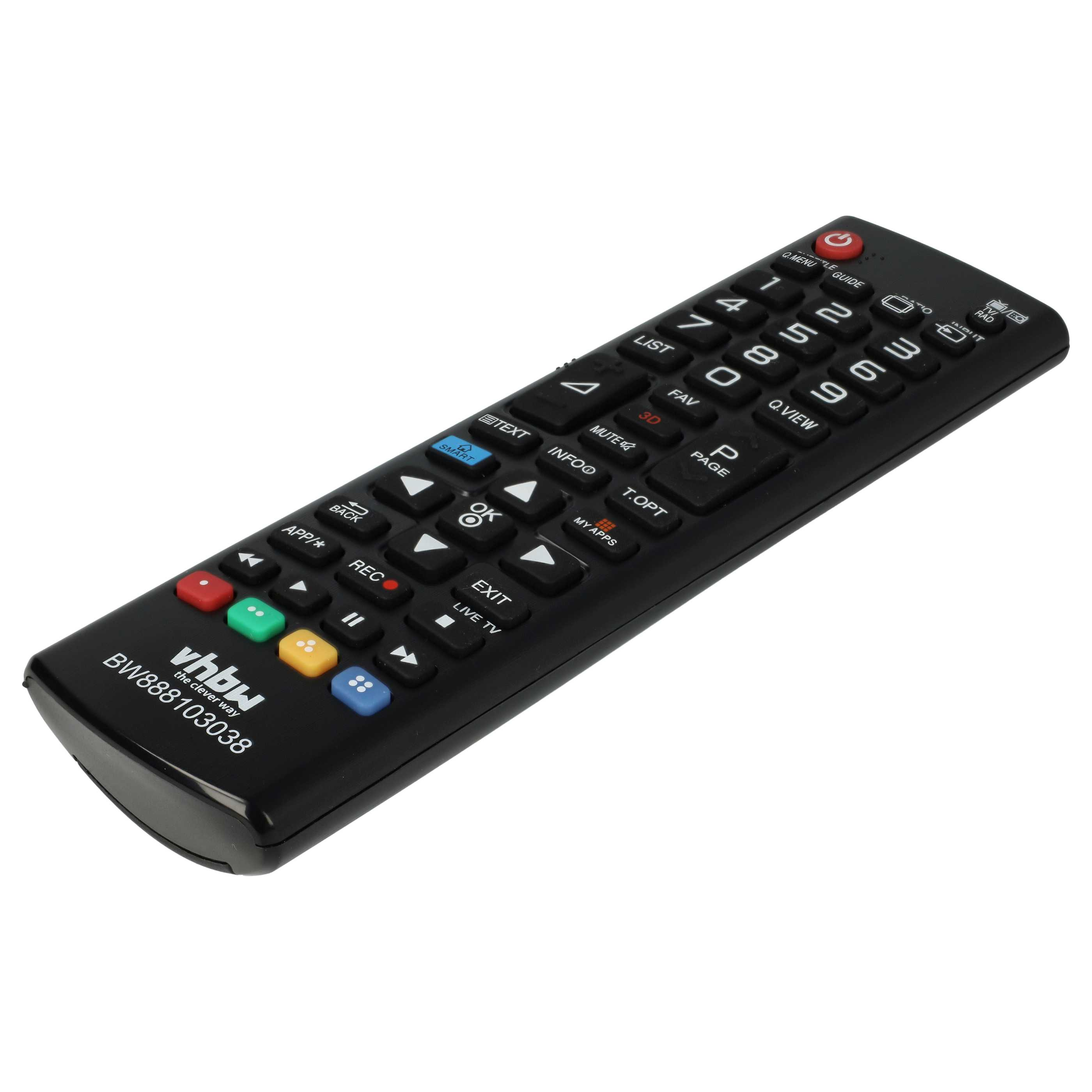 Schwarze TV-Fernbedienung mit vielen Tasten, einschließlich Nummern, Lautstärke und Ein/Aus. Marke vhbw.