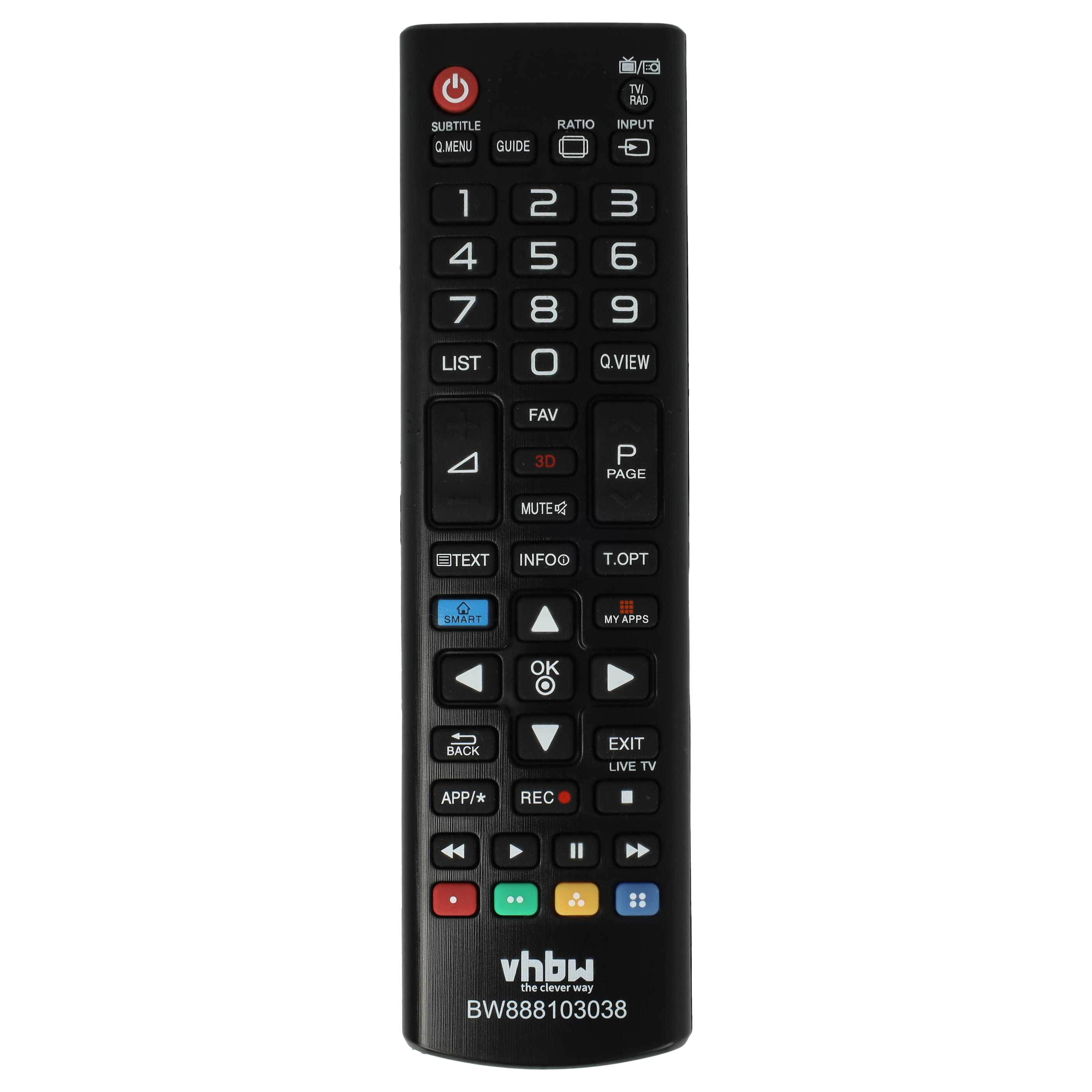 Schwarze TV-Fernbedienung mit zahlreichen Tasten. Enthält Power-, Zifferntasten und Funktionstasten. vhbw-Logo unten.