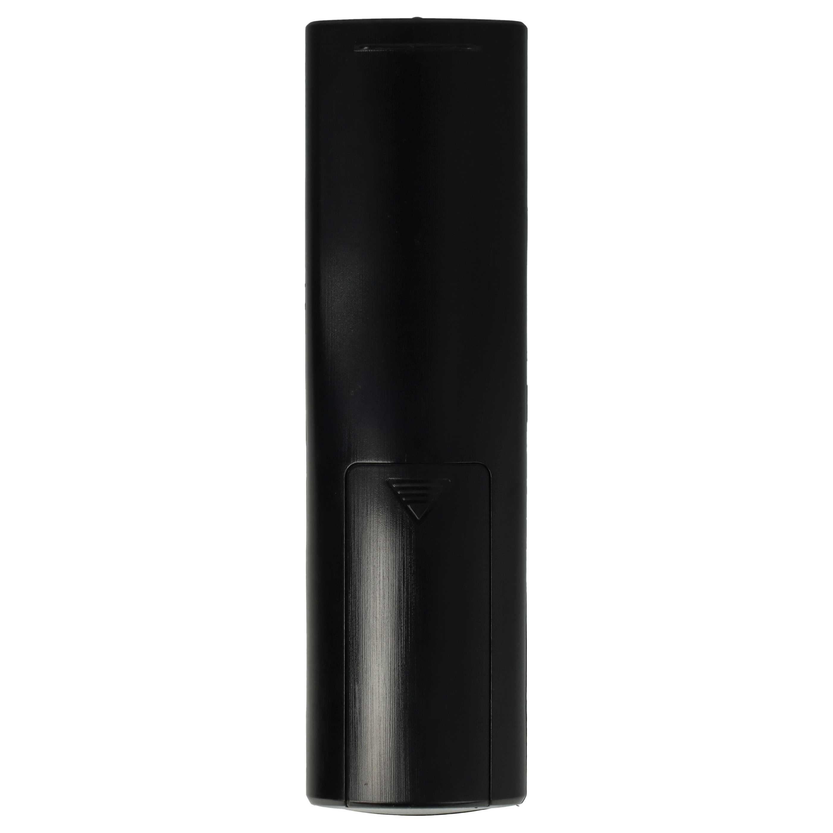 Eine schwarze Fernbedienung ist auf weißem Hintergrund zentriert. Sie hat ein Batteriefach unten und einen kleinen Sensor oben.