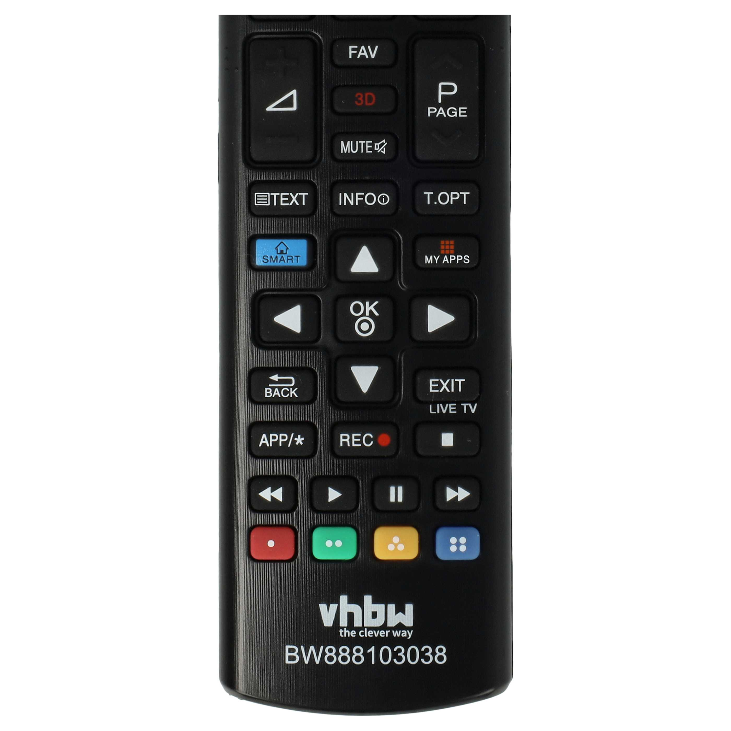 Schwarze TV-Fernbedienung mit vielen Tasten. Enthält Lautstärke, Kanäle und Smart-TV-Funktionen. Das Logo sagt vhbw.