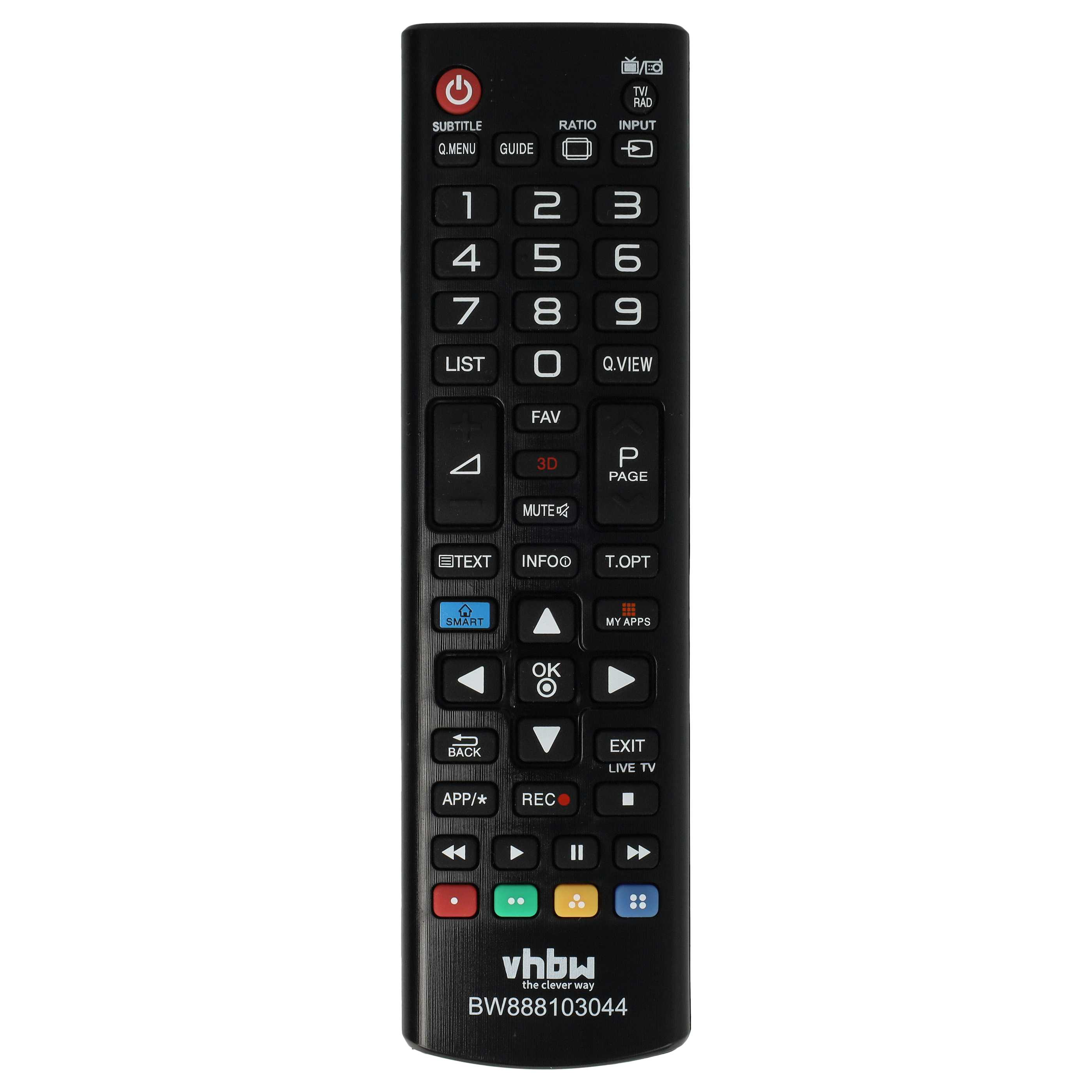 Eine schwarze TV-Fernbedienung mit vielen Tasten, darunter Zahlen, Lautstärke und Ein/Aus. Die Marke ist vhbw.