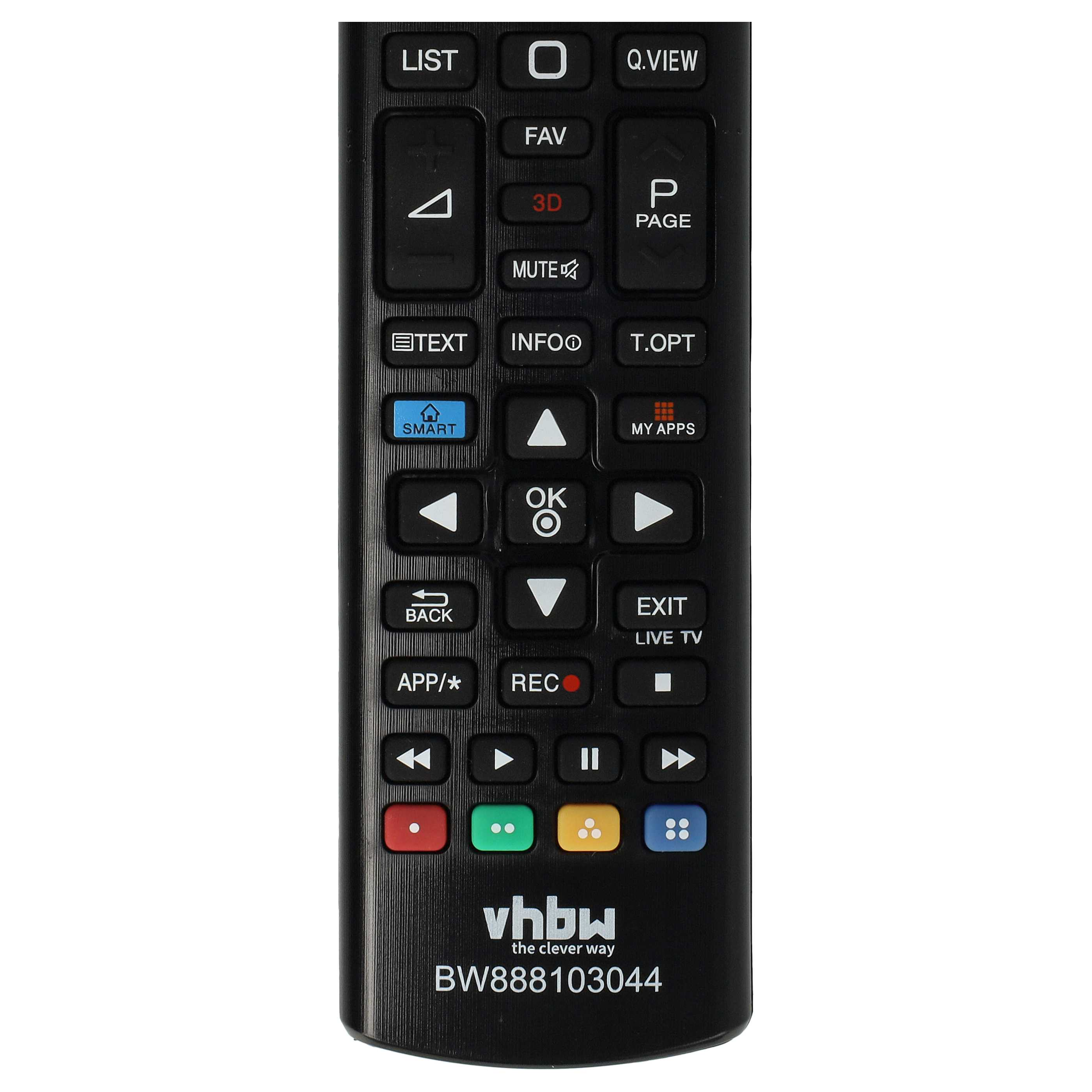 Schwarze TV-Fernbedienung mit Tasten 'LIST', 'OK', 'REC' und 'SMART'. Die Marke ist 'vhbw'.