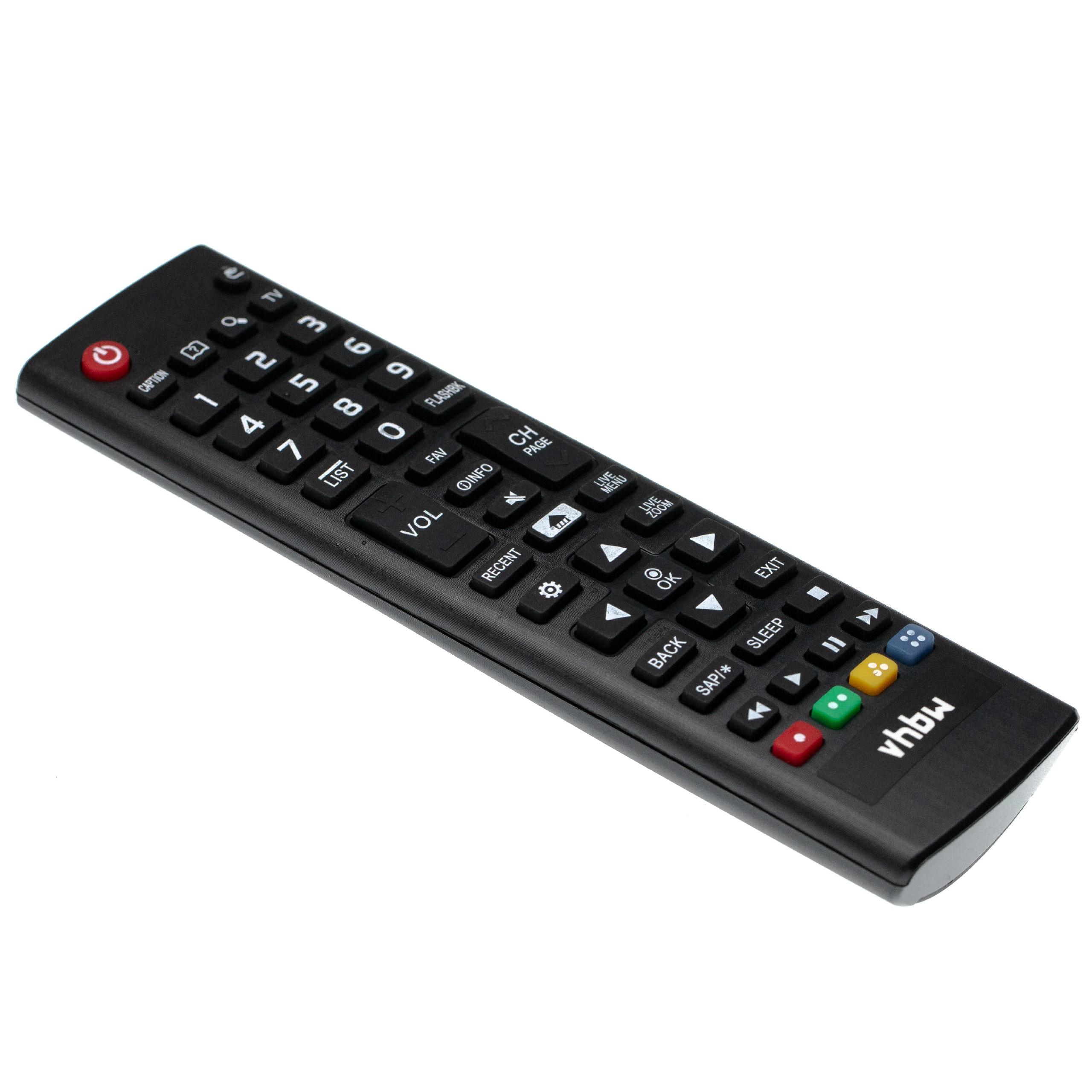 Eine schwarze TV-Fernbedienung mit vielen Tasten, einschließlich Nummern, Lautstärke- und Kanalreglern.