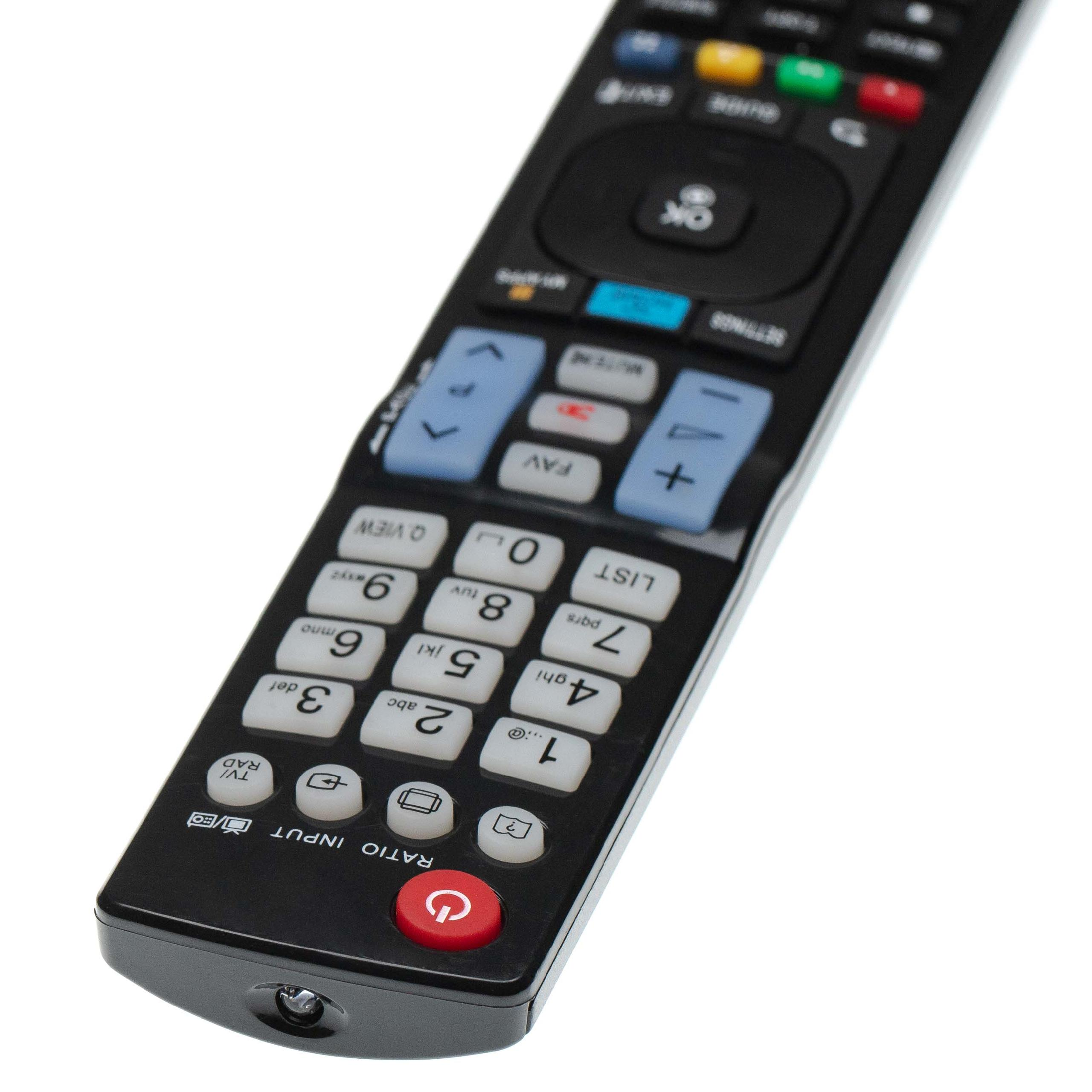 Eine schwarze TV-Fernbedienung mit weißen Tasten und einer roten Einschalttaste. Die Zahlen 1-9 sind sichtbar.