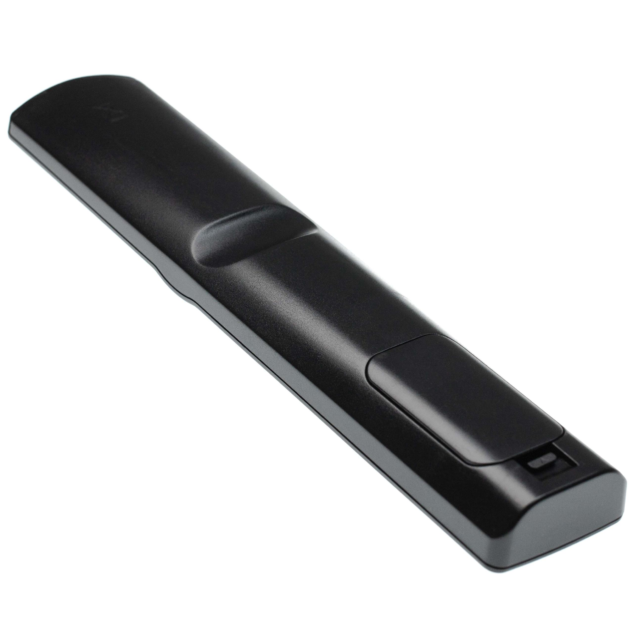 Eine schwarze Fernbedienung auf weißem Hintergrund. Sie ist länglich mit leicht gebogenem Rücken und Batterieabdeckung.